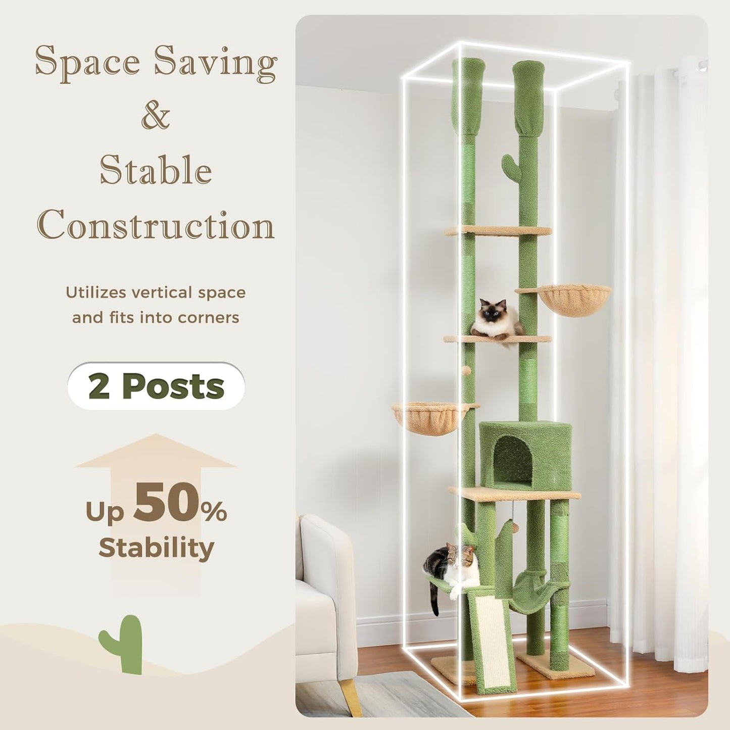 PAWZ Road Cactus Cat Tree Floor to Ceiling Tower with Adjustable Height(216-285cm), 7 Tiers Climbing Activity Center Cozy Hammocks, 5 Platforms and Scratching Posts for Indoor Cats, Green
