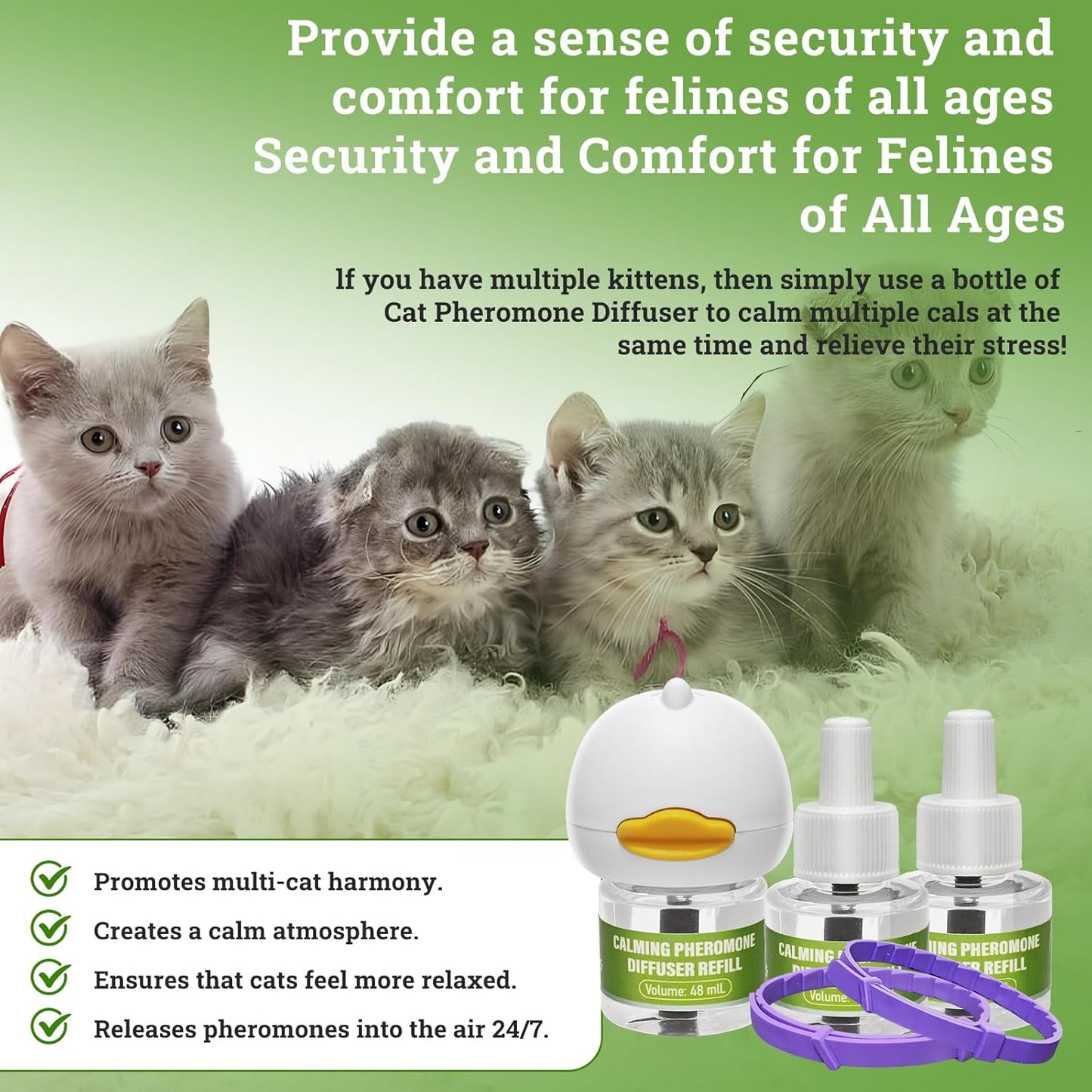 Cat Calming Diffuser Plug in Kit - 6 Pack Pheromone Diffuser for Anxious Cats, Anti-Stress & Comforting Solution with 2 Diffusers & 6 Refills +2pcs Calming Collar