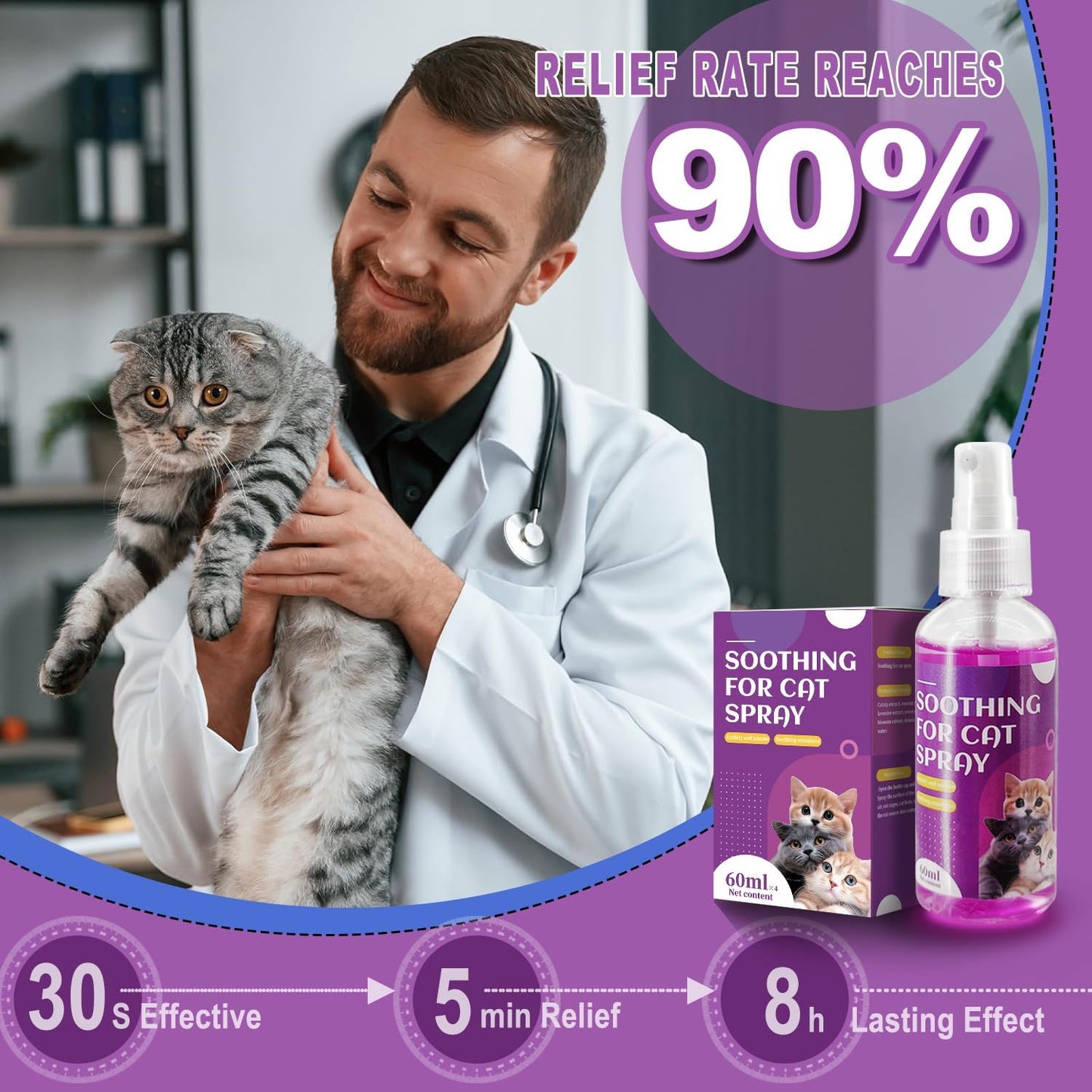 Cat Calming Spray, Natural Calming Solution for Cats Cat Pheromone Calming Spray, Reduce Stress, Anxiety, Scratching, Hiding. Protect Furniture and Floors, Suit For Home, Travel, Vet Visits, 4 PACKS