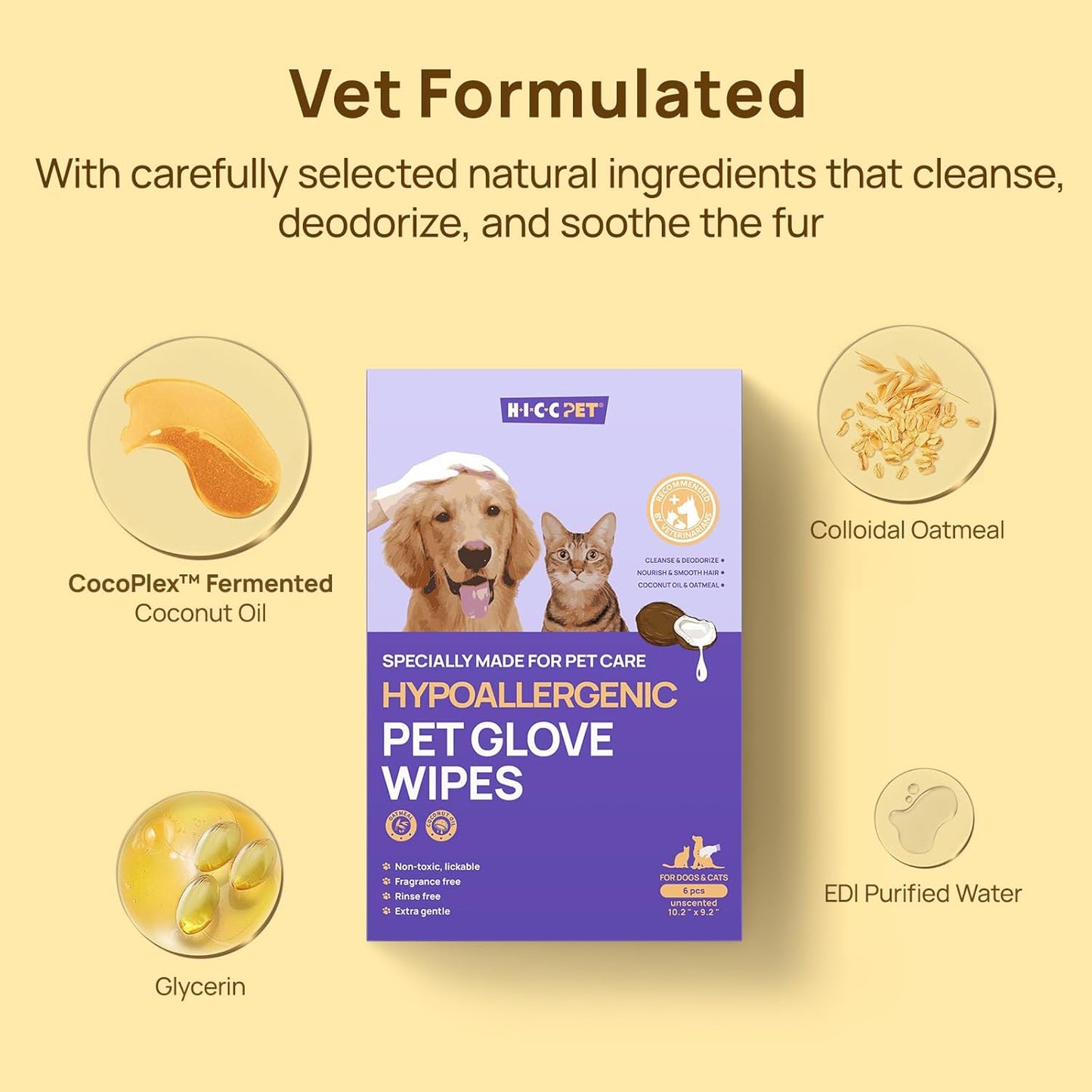 HICC PET Cleaning Deodorizing Glove Wipes for Dogs & Cats, Vet Recommended Hypoallergenic Pet Cleaning and Hydrating Glove Wipes