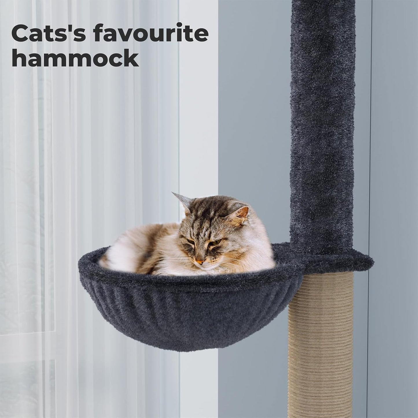 Pawz Large Cat Tree Tower Condo for Indoor Cats, Scratching Post, Soft Plush Multi-Level Climbing Tree, Activity Center, Cat Condo and Big Hammock, House, Dangling Ball, Adjustable Height 230CM-275CM