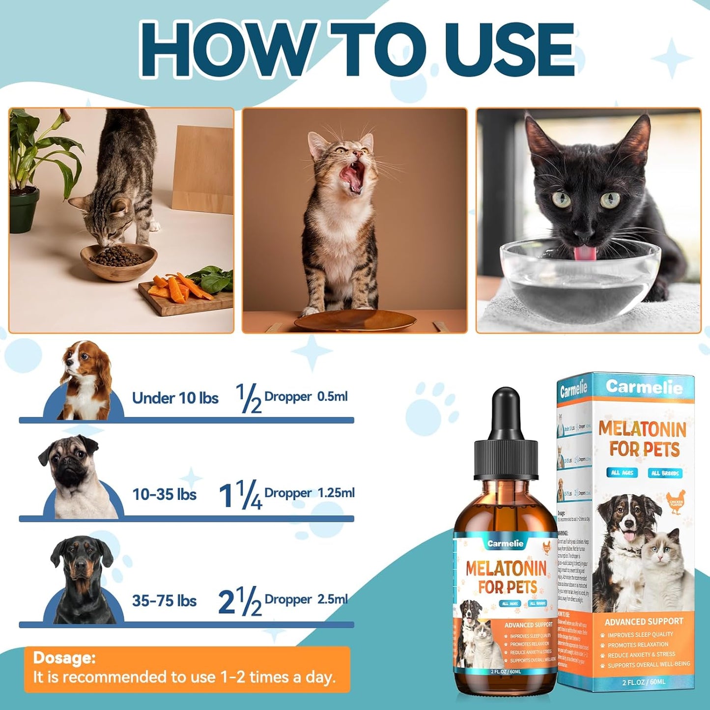 Melatonin for Pets, Dog Melatonin, Dog Sleep Supports, Liquid for Cats, Supports Relaxation Dogs & Cat, Calm Behavior in Dogs, Helps Restful Sleep, Chicken Flavor 60m