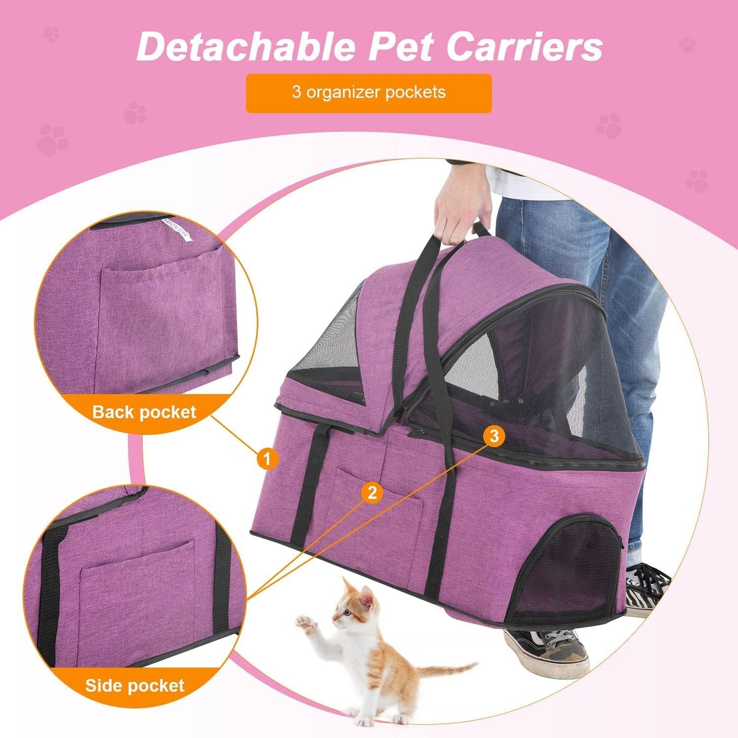 MINYII Pet Stroller Premium 3-in-1 Multifunction Jogger Stroller for Medium Small Dogs Cats Folding Lightweight for Travel with Detachable Carrier,98x65x45cm Portable Pet Stroller for Injured Pet Gift (Pink)