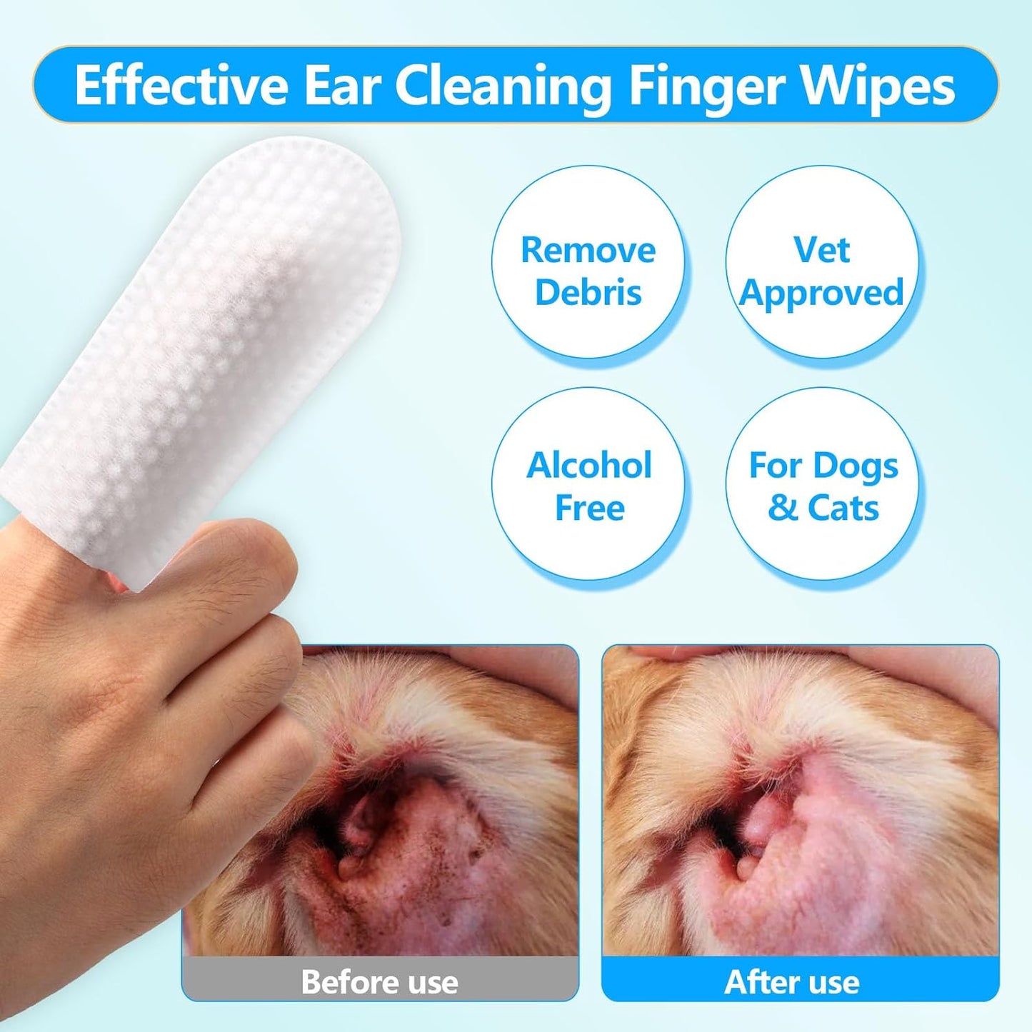 Dog Ear Finger Wipes, Dog and Cat's Ears Ear Cleaning Wipes, can Remove Dirt and Earwax,Wipes 60 Pieces