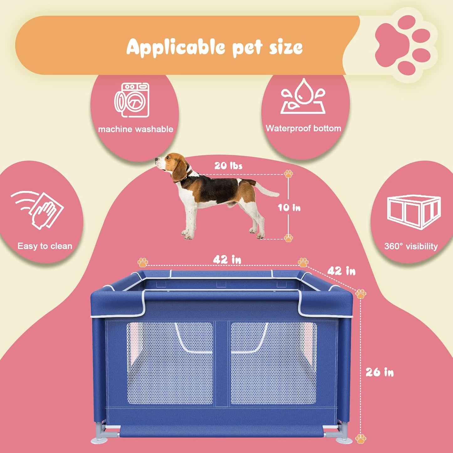 besuhot Dog Playpen 42 × 42 Inch, Puppy PlayPen with Gate for Puppies, Cat, Small and Medium Dogs, Pet PlayPen with Roof for Outdoors & Indoors, Tear Resistant Fabric, Safe & Sturdy Dog Fence