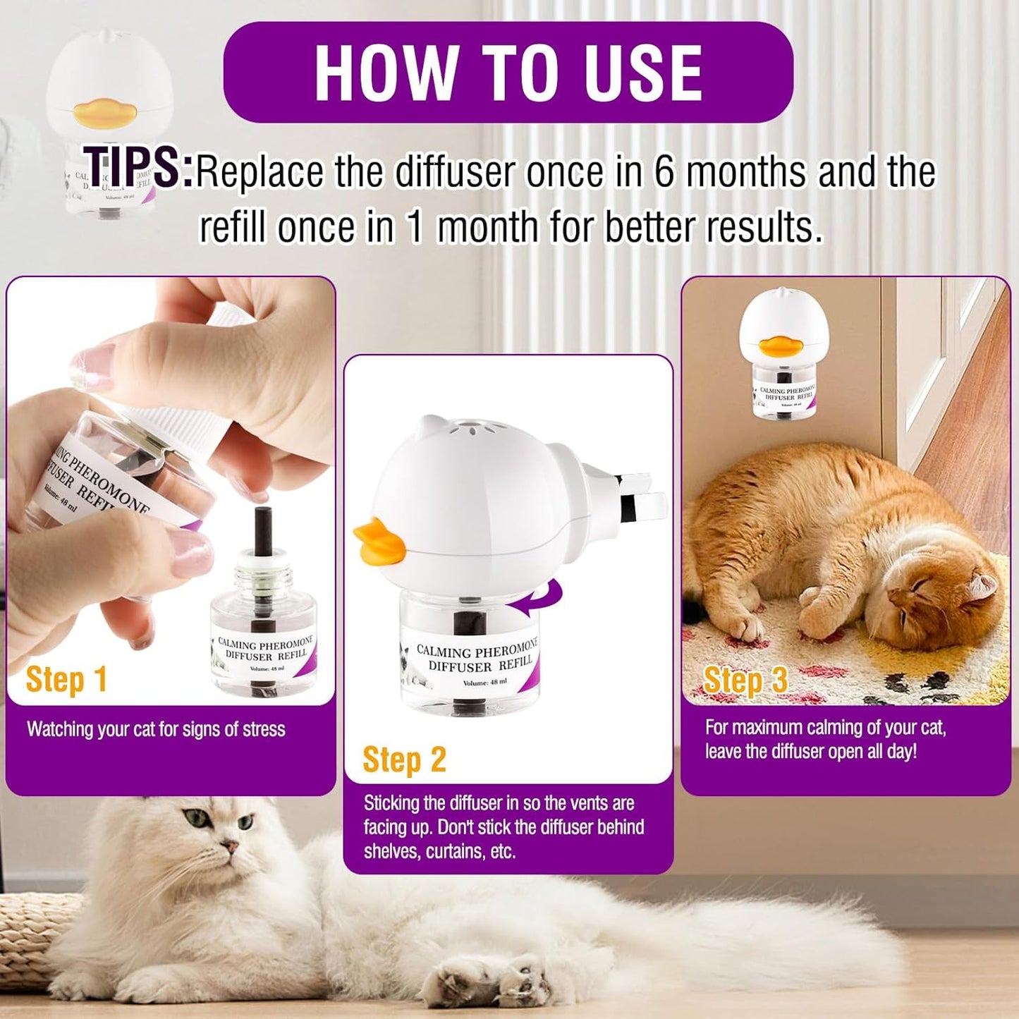 Cat Calming Pheromone Diffuser 48ML 2 Refills Fits All Cats