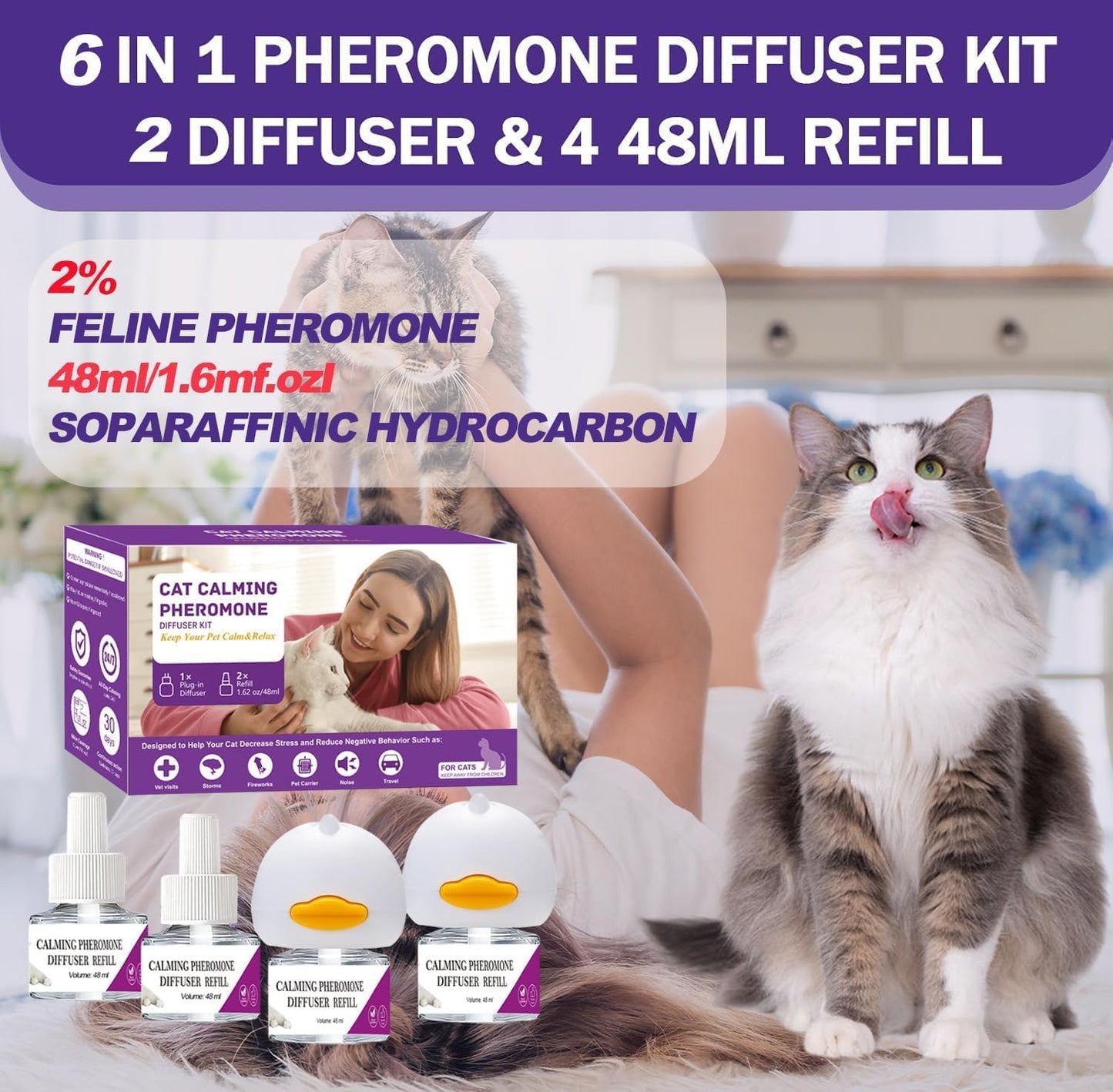 Cat Calming Diffuser, Cat Pheromones Calming Diffuser, Pheromone Dffuser to Calm Cats, Cat Calming Diffuser with 2 Diffuser + 4 Refill,120 Days for Cats Relief Stress Anxiety Purple