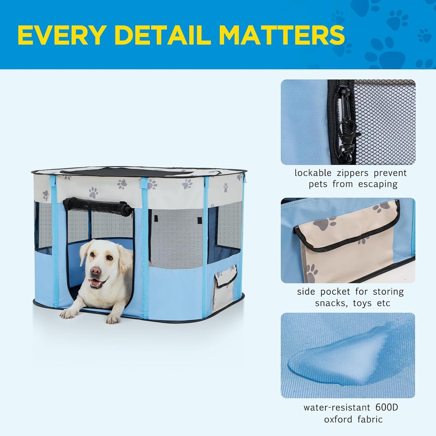Avont Portable Dog Cat Playpen, Foldable Pop Up Pet Play Pen Travel Crate with Floor and Mesh Door Top for Indoor Outdoor Collapsible Tent Cage -S, Blue