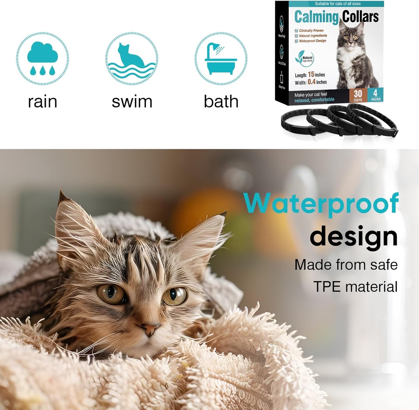 Cat Calming Pheromone Collar, 4 Pack, Black, 15 inches, Universal Fit, Waterproof