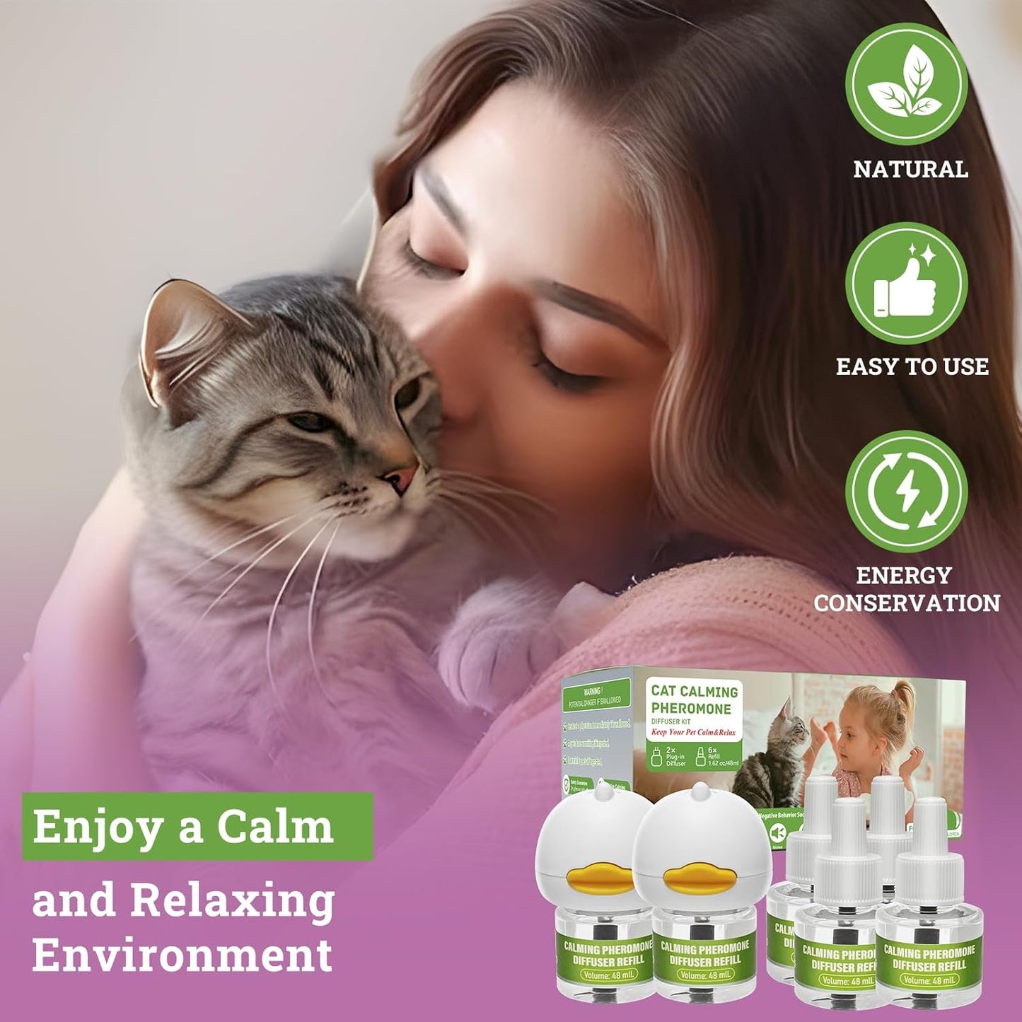 Cat Calming Diffuser Plug in - 6 Pack , Includes 2 Diffusers & 6 Refills