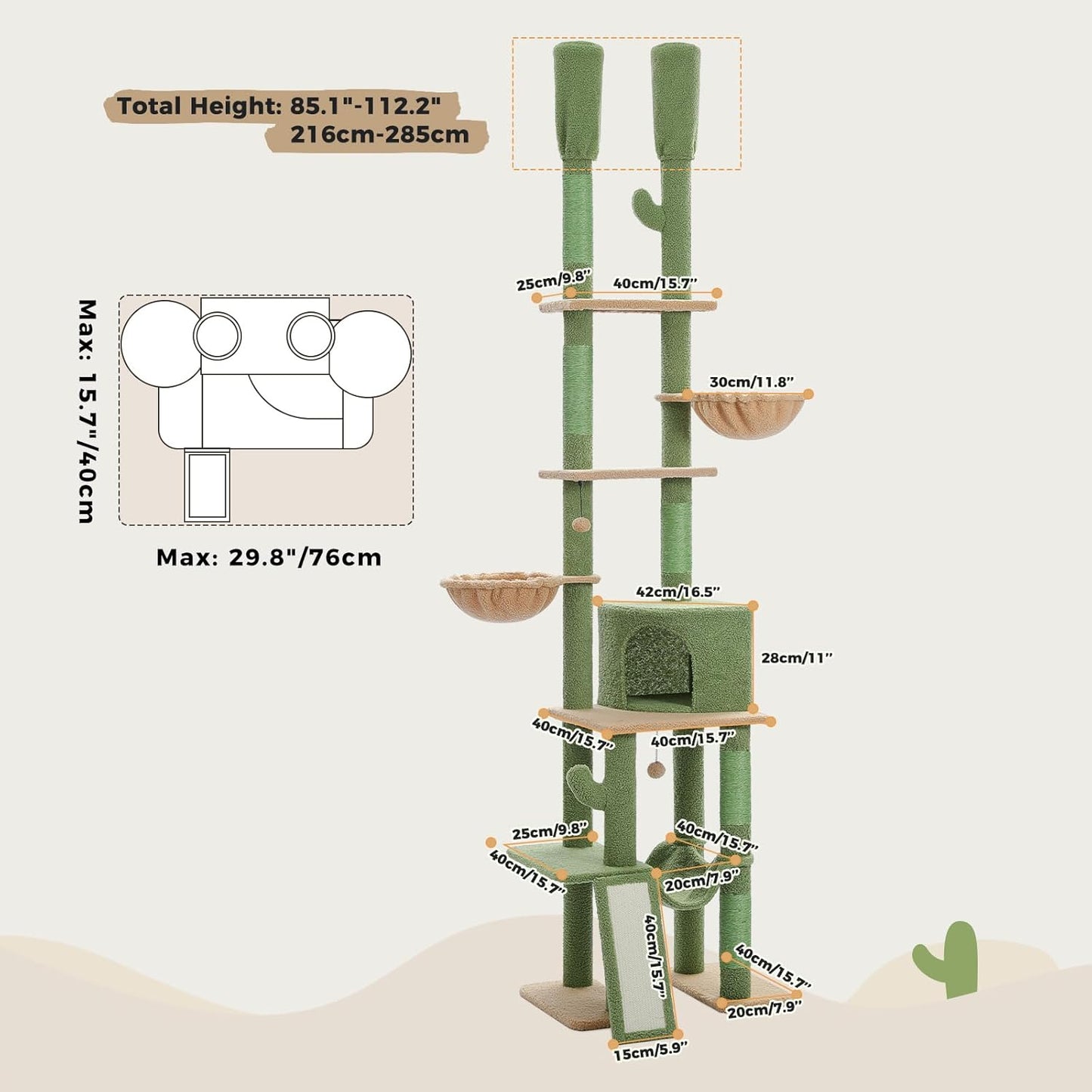 PAWZ Road Cactus Cat Tree Floor to Ceiling Tower with Adjustable Height(216-285cm), 7 Tiers Climbing Activity Center Cozy Hammocks, 5 Platforms and Scratching Posts for Indoor Cats, Green