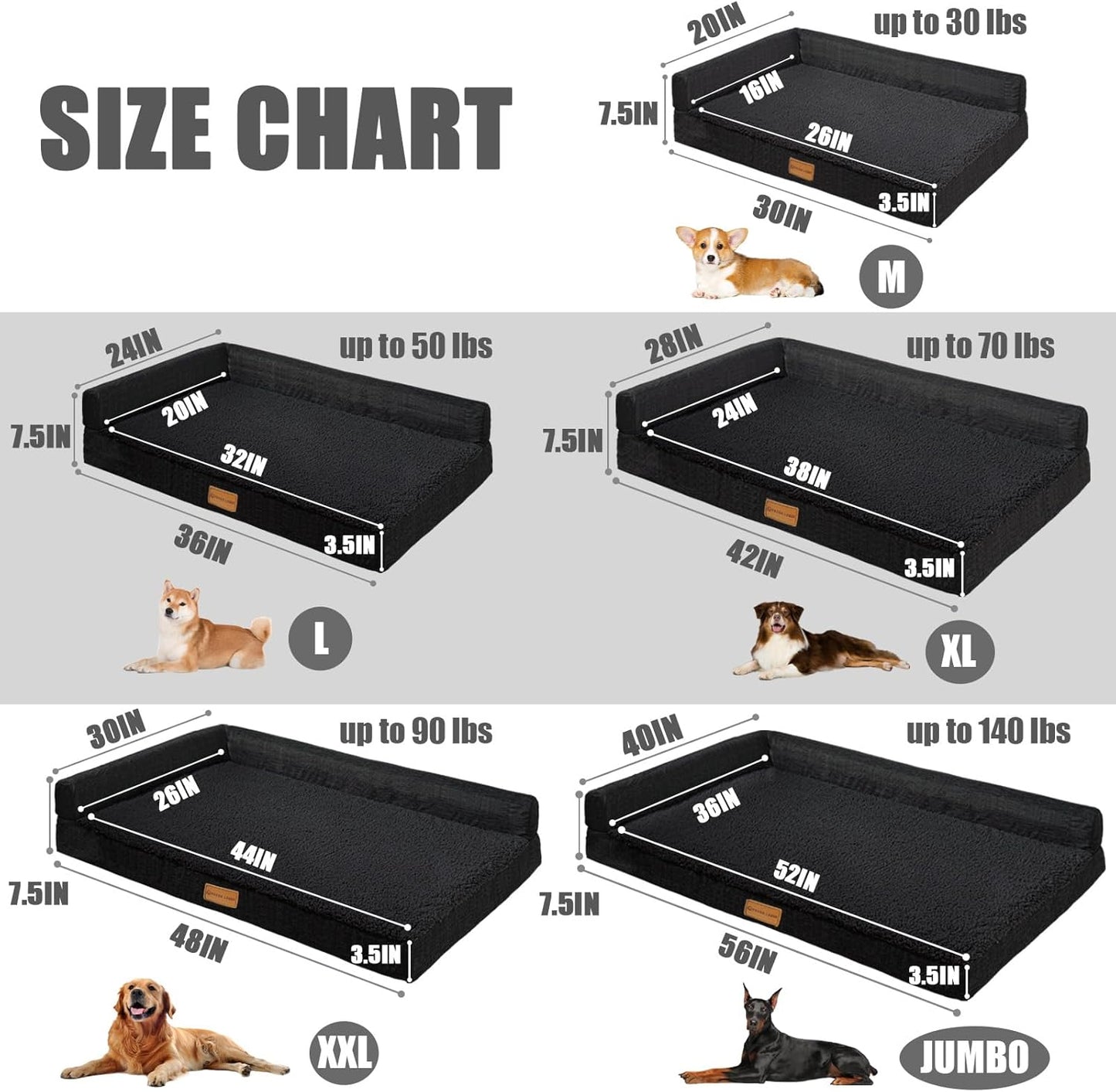 Patas Lague Orthopedic Jumbo Dog Bed for Extra Large Dogs 56''X40'', Waterproof L Shape