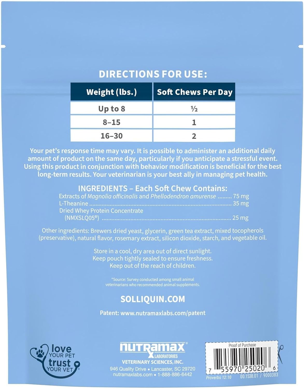 Nutramax Solliquin Calming Behavioral Health Supplement for Small to Medium Dogs and Cats - With L-Theanine, Magnolia / Phellodendron, and Whey Protein Concentrate, 75 Soft Chews