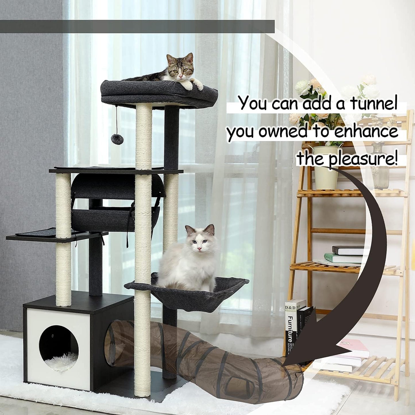 PAWZ Road Cat Tree Cat Scratching Post with a Large Hammock Play Tower, Play Tunnel Wooden Furniture Cat Stand 130cm Grey
