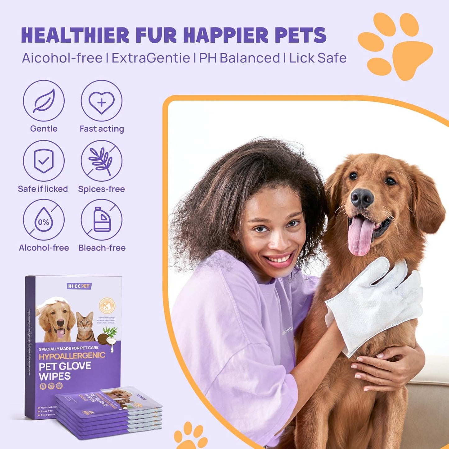 HICC PET Cleaning Deodorizing Glove Wipes for Dogs & Cats, Vet Recommended Hypoallergenic