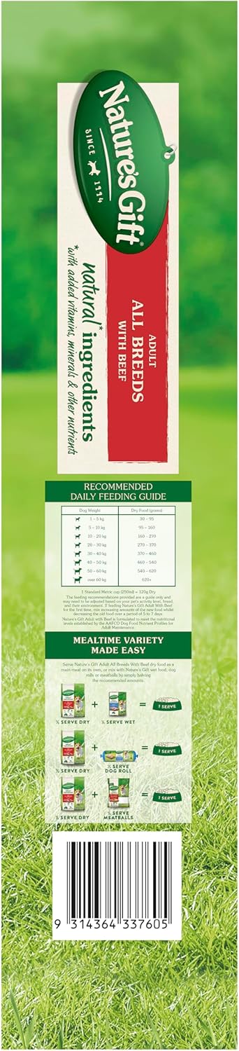 Nature's Gift Adult Dry Dog Food, Beef 12Kg - 100% Complete & Balanced Nutrition, Supports Digestion, Immunity & Skin Health
