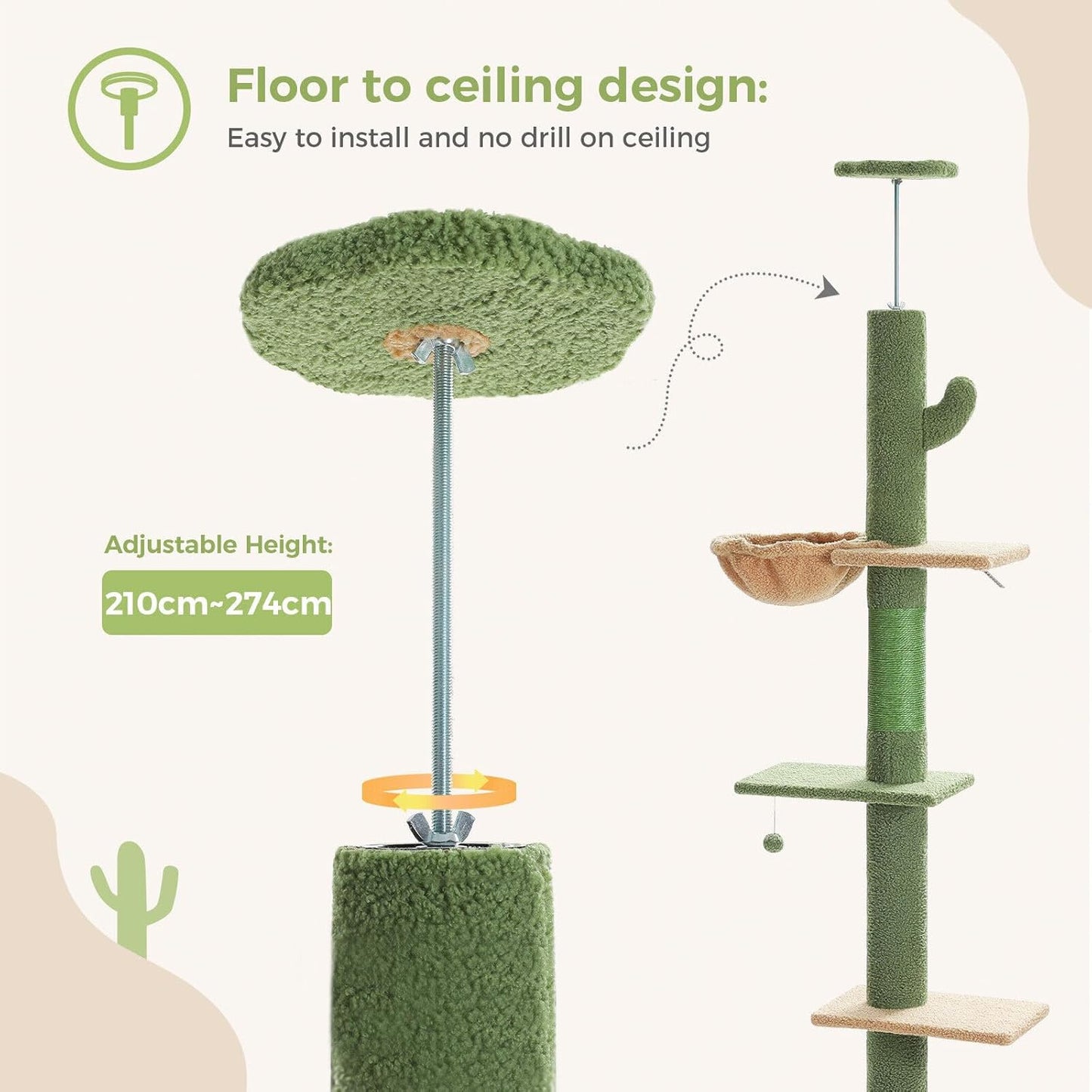 PAWZ Road Floor to Ceiling Cat Tree Tall Cat Tower, Adjustable Height (210-274cm), 5 Tiers Cat Climbing Tree with Cozy Cat Hammock and Condo, Cat Scratching Post for Indoor Cat, Green