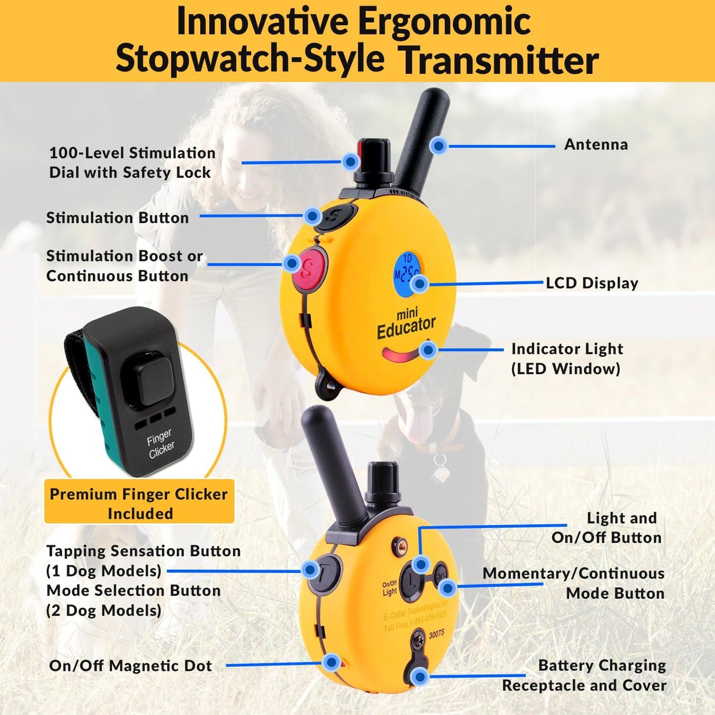 E-Collar – Educator ET-300-1/2 Mile Waterproof Remote Dog Training Collar Includes Premium Finger Clicker Trainer