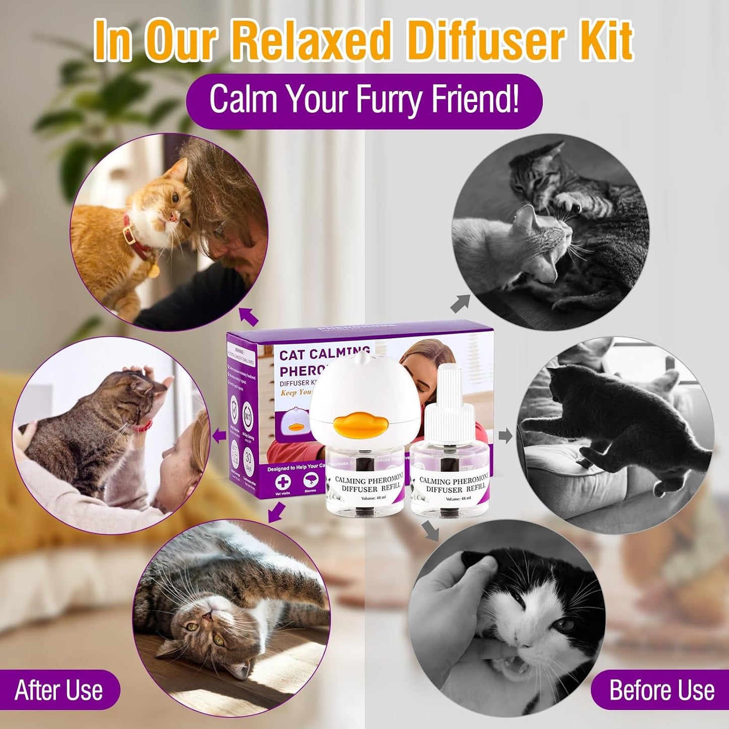 Cat Calming Pheromone Diffuser 48ML 2 Refills Fits All Cats