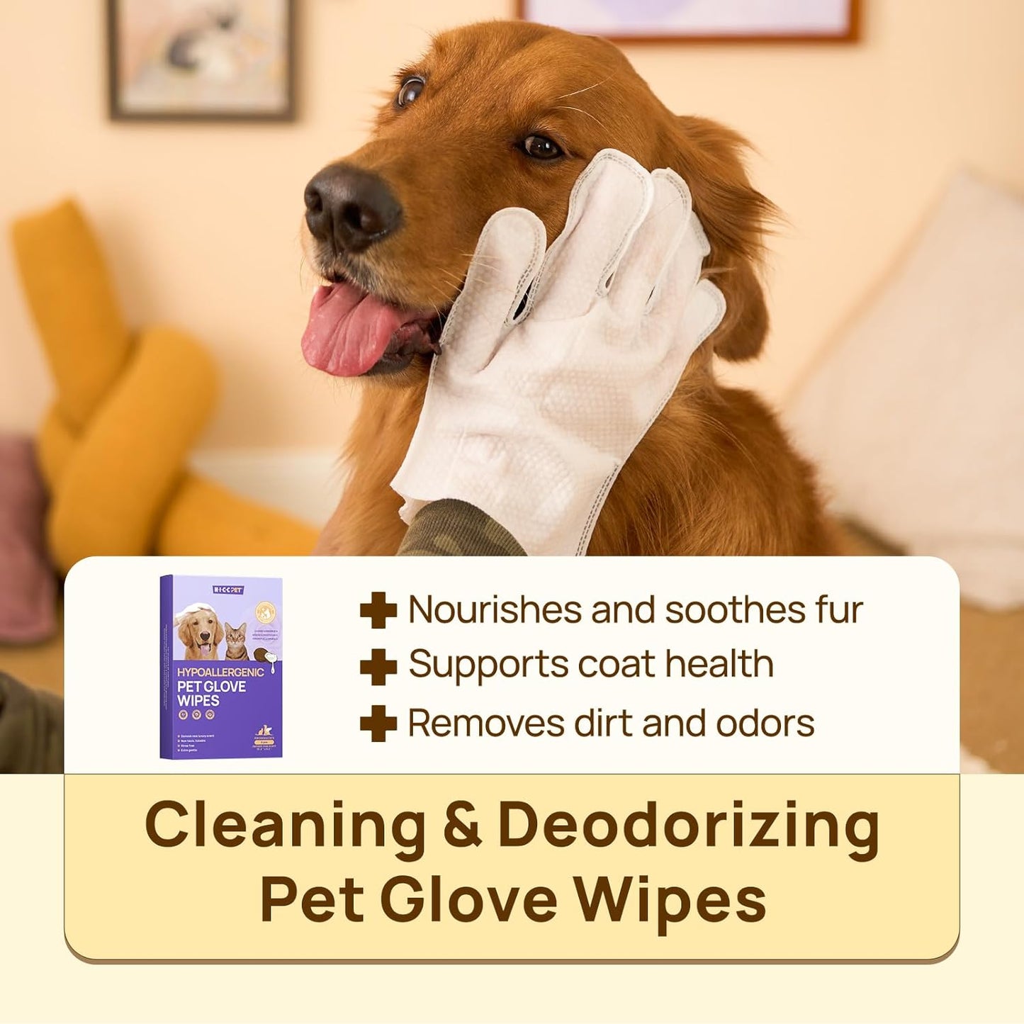 HICC PET Cleaning Deodorizing Glove Wipes for Dogs & Cats, Vet Recommended Hypoallergenic