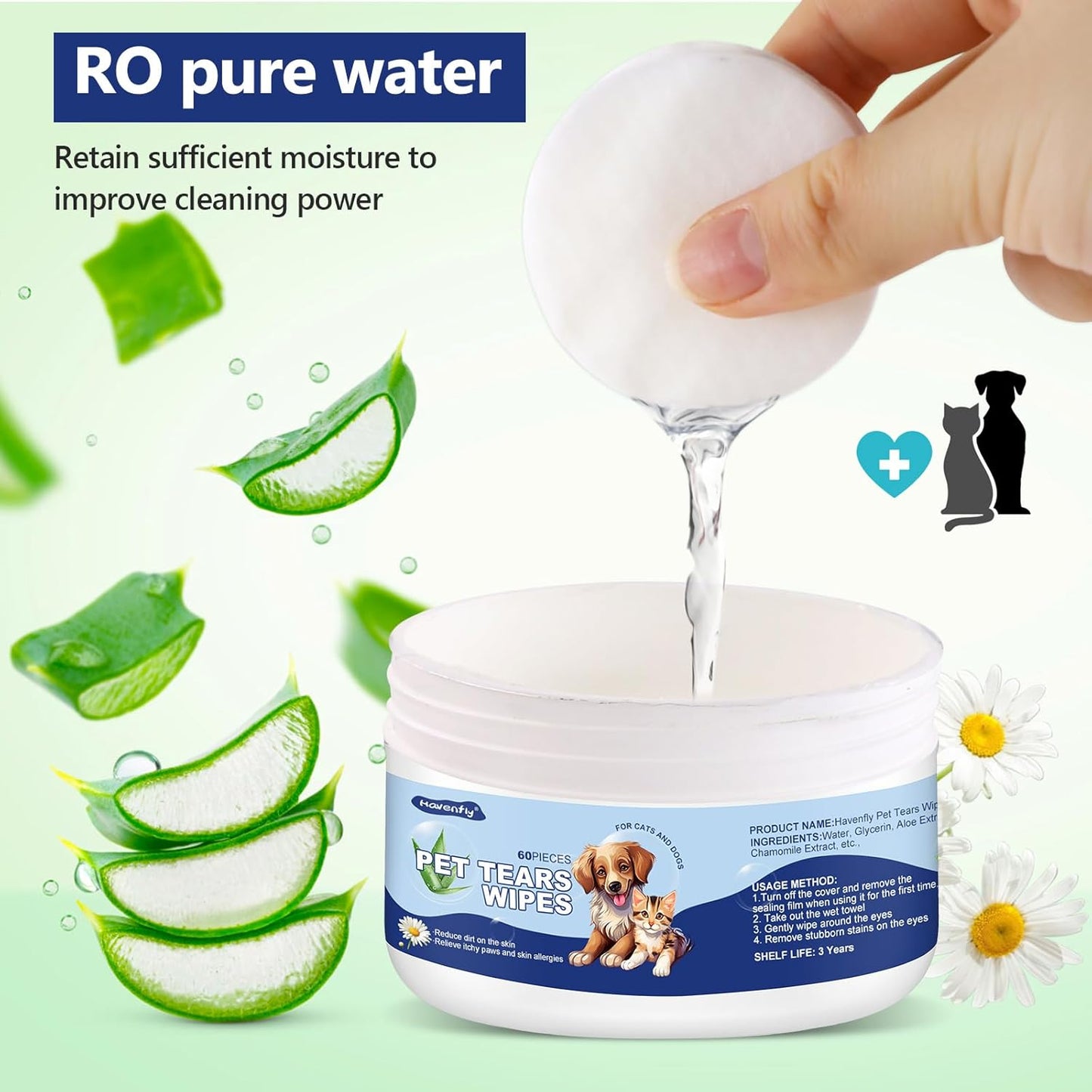 Pet Gentle Teeth Wipes, 60 Pcs Universal Cat & Dog Grooming Wipes, Natural and Safe for Removing Dirt Crust and Discharge, Hypoallergenic for Teeth, Ear, Nose