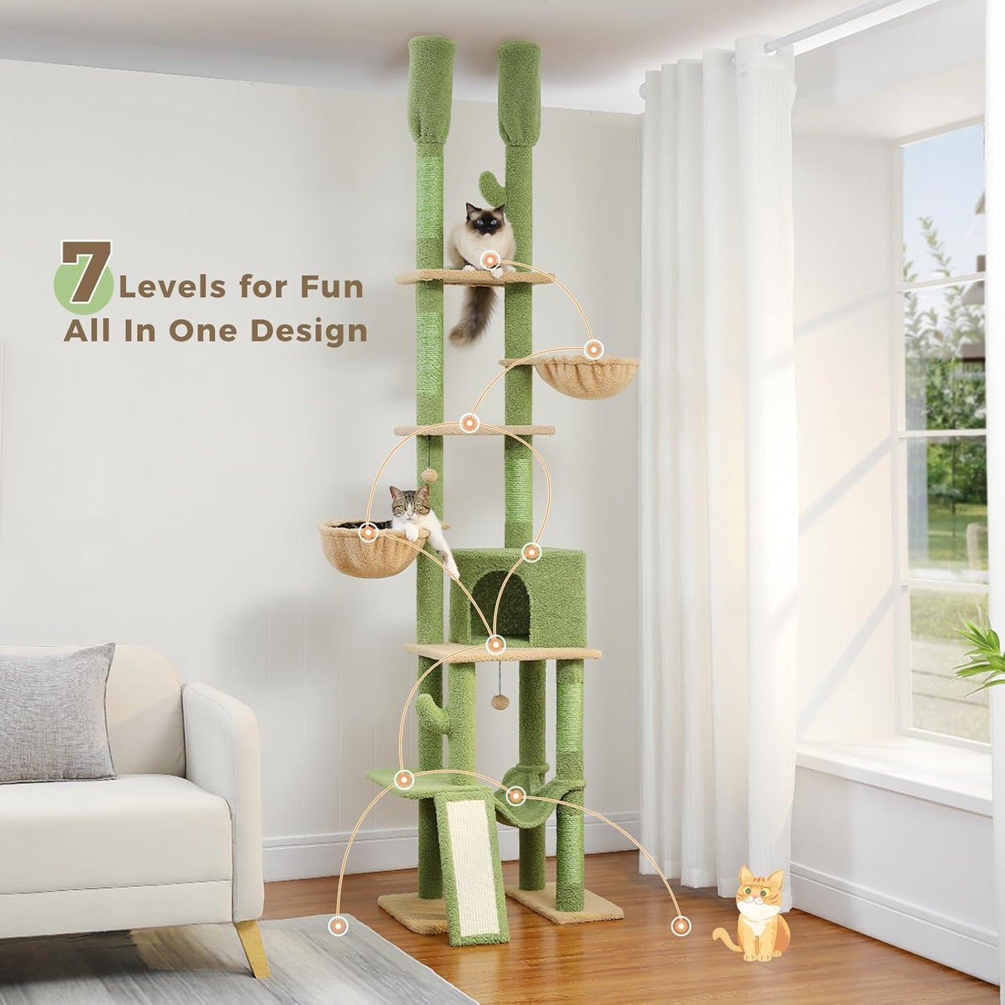 PAWZ Road Cactus Cat Tree Floor to Ceiling Tower with Adjustable Height(216-285cm), 7 Tiers Climbing Activity Center Cozy Hammocks, 5 Platforms and Scratching Posts for Indoor Cats, Green