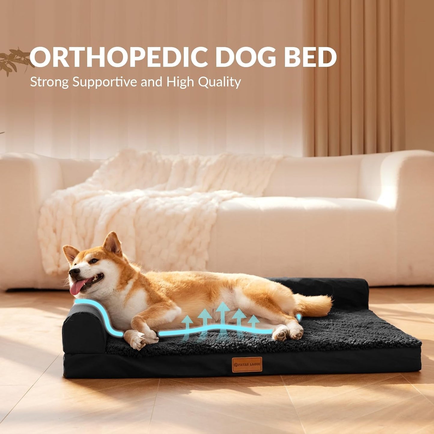 Patas Lague Orthopedic Jumbo Dog Bed for Extra Large Dogs 56''X40'', Waterproof L Shape