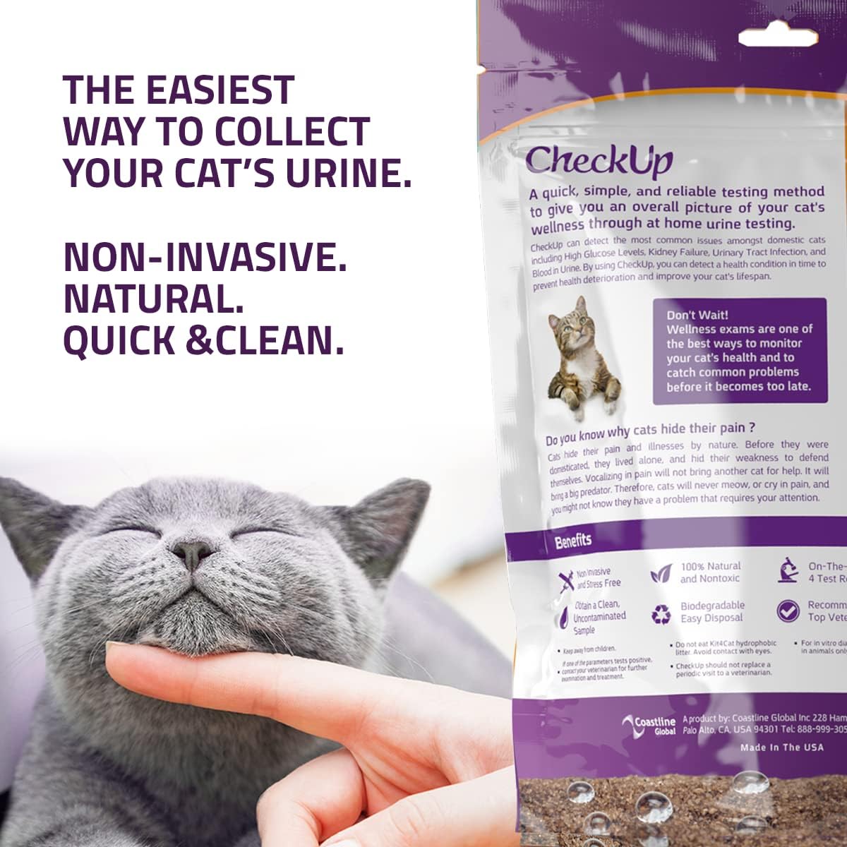 CheckUp at Home Wellness Test Kit for Cats | 2lb Hydrophobic Litter for Urine Collection, 2 Test Strips