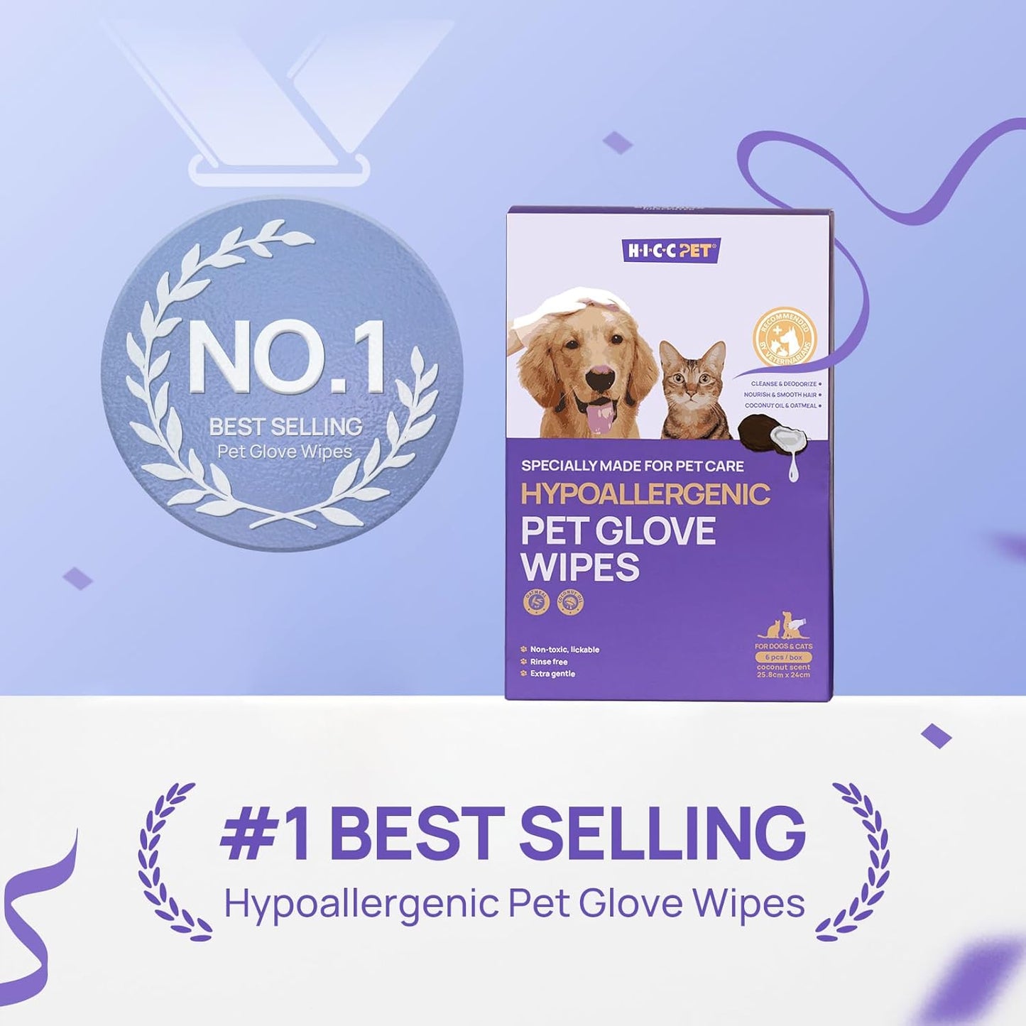 HICC PET Cleaning Deodorizing Glove Wipes for Dogs & Cats, Vet Recommended Hypoallergenic Pet Cleaning and Hydrating Glove Wipes