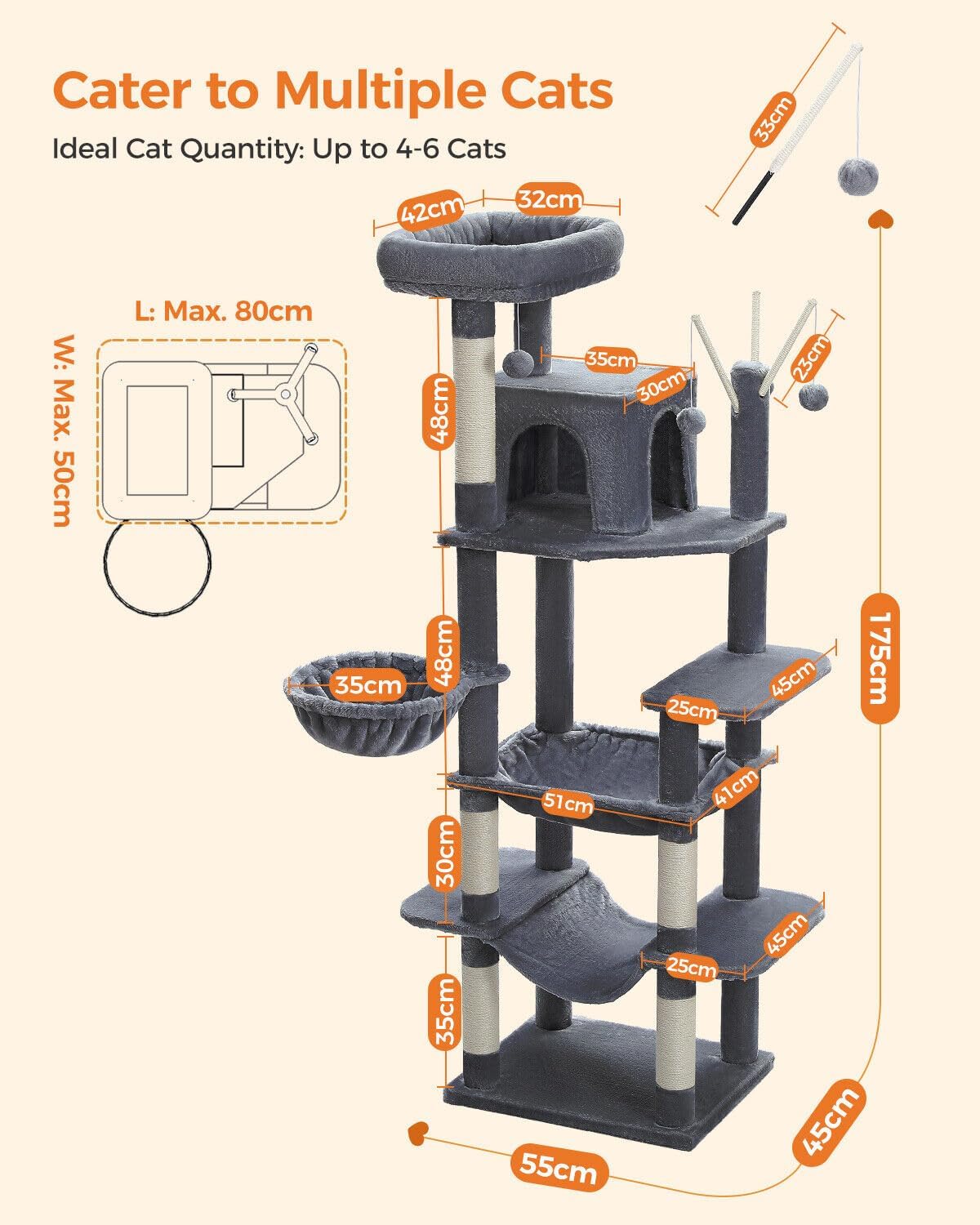 PAWZ Road Multi-Level Cat Tree 175cm With Super Large Hammock (50 * 40cm), Tall Cat Tower for Large Cats With Scratching Posts, Cat Condo and Top Perch Dark Grey