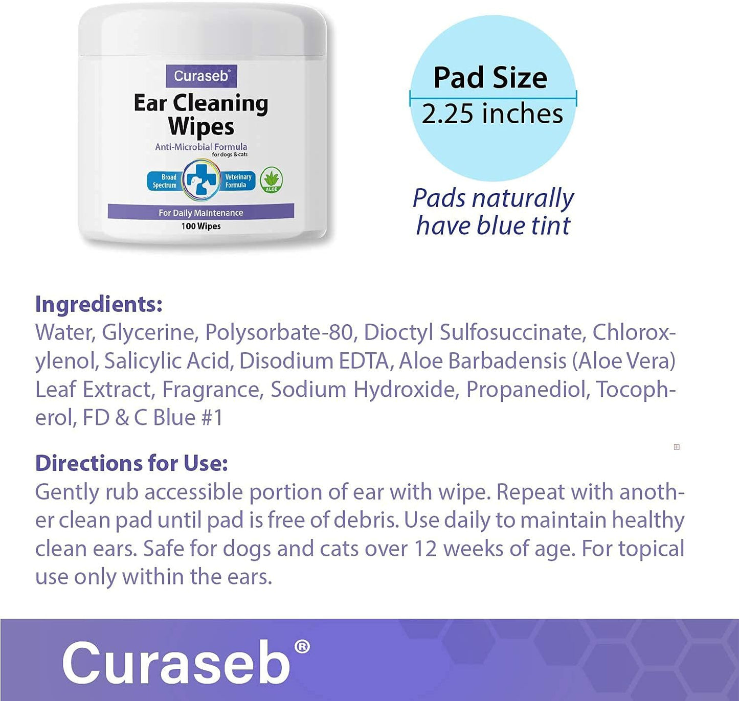 Curaseb Cat and Dog Ear Wipes – Cleans – 100 Wipes