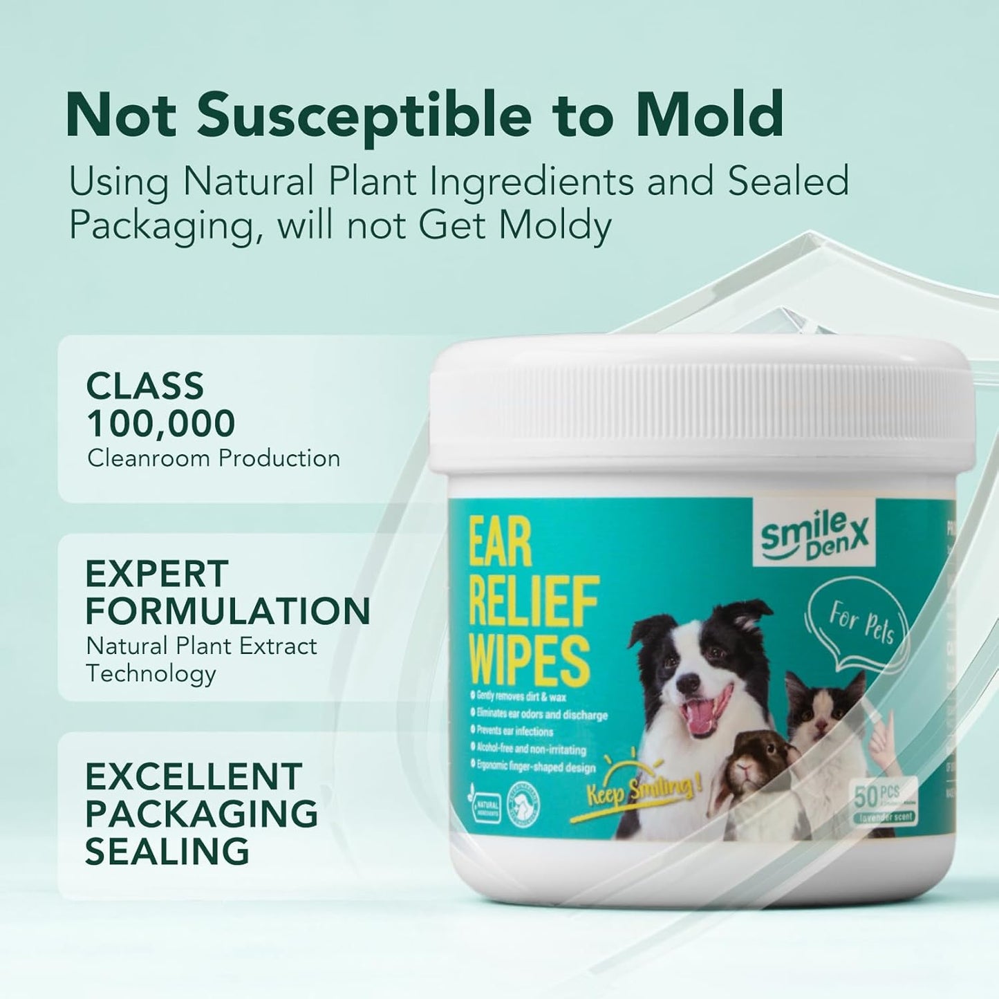 Dog Ear Cleaner Wipes - Dog Ear Infection Treatment Fast Relief from Ear Itching and Inflammation, Cat Ear Wipes Gently Remove Ear Wax Debris and Smelly (50 Pcs, Unscented)