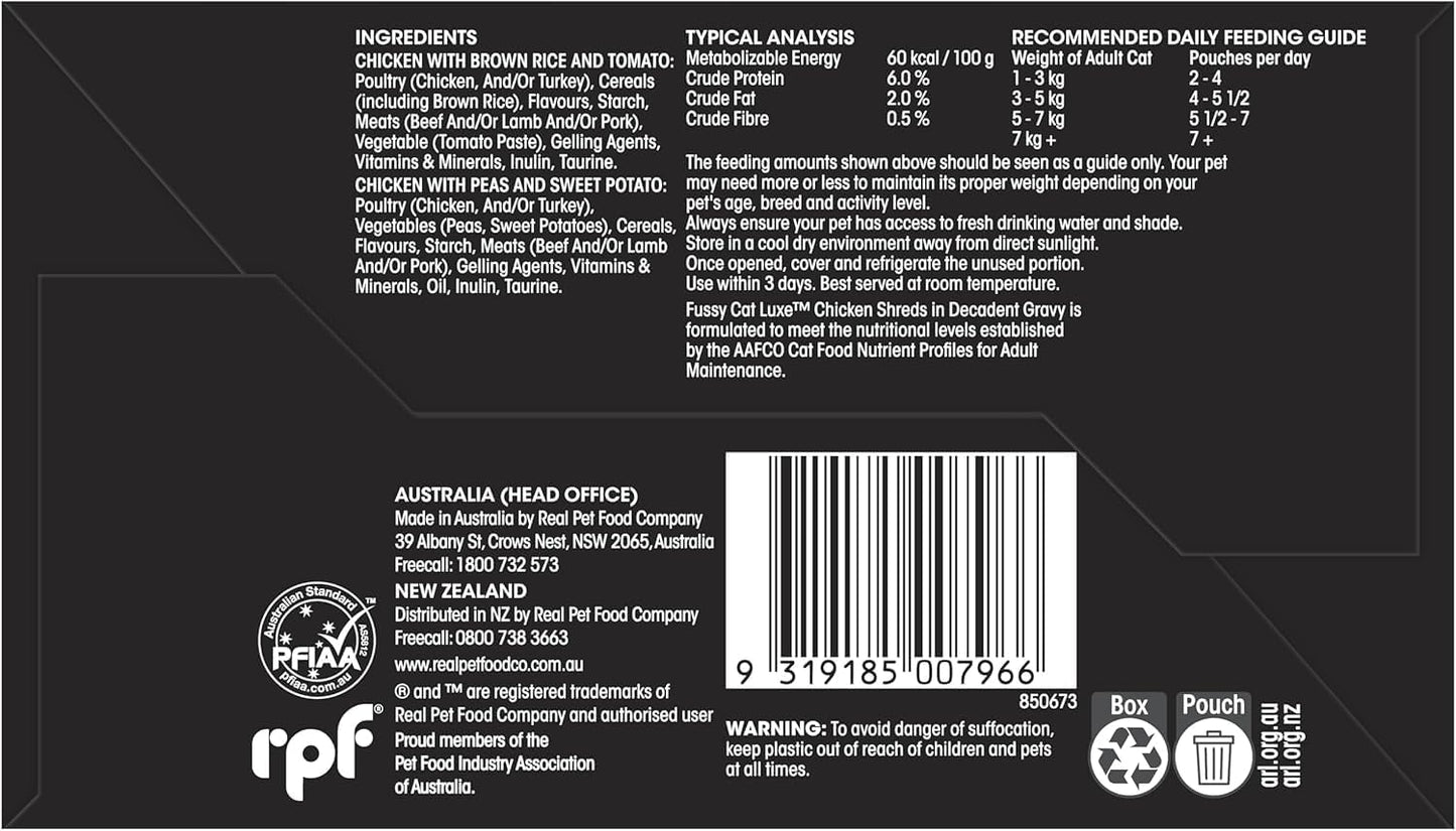 Fussy Cat Luxe Wet Cat Food, Chicken Shreds in Decadent Gravy 12x70g