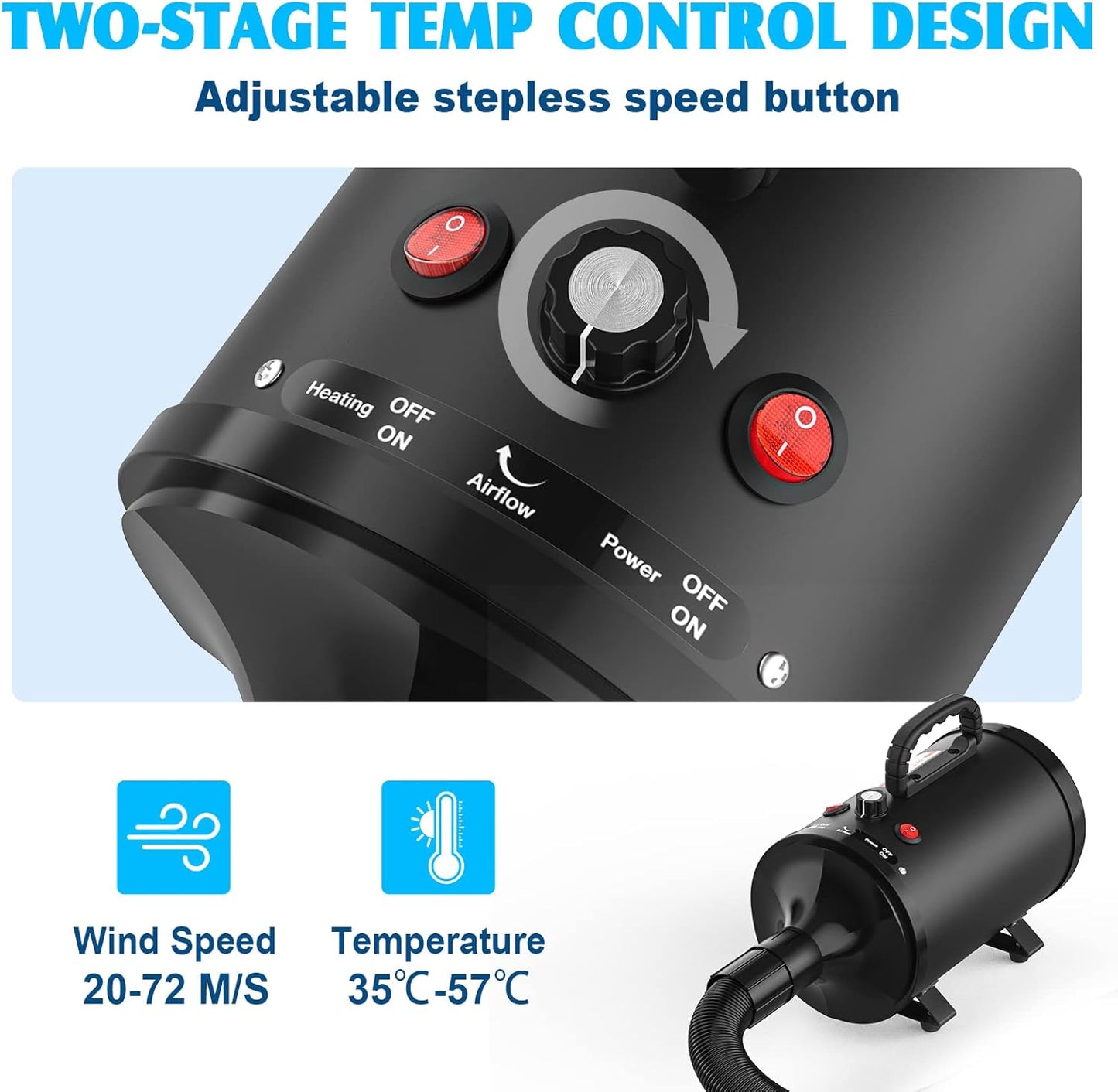 ADVWIN Pet Hair Dryer, High Velocity Dog Dryer with 4 Different Nozzles, Pet Grooming Blow Dryer Heater with Adjustable Speed, Black