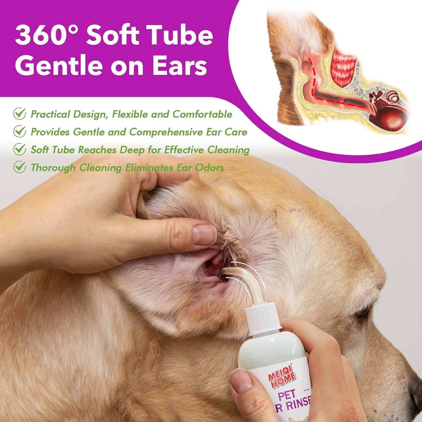 MEIQIHOME Ear Cleaner for Dogs and Cats Soothes. Includes 50 Cotton Swabs, 4 Fl oz
