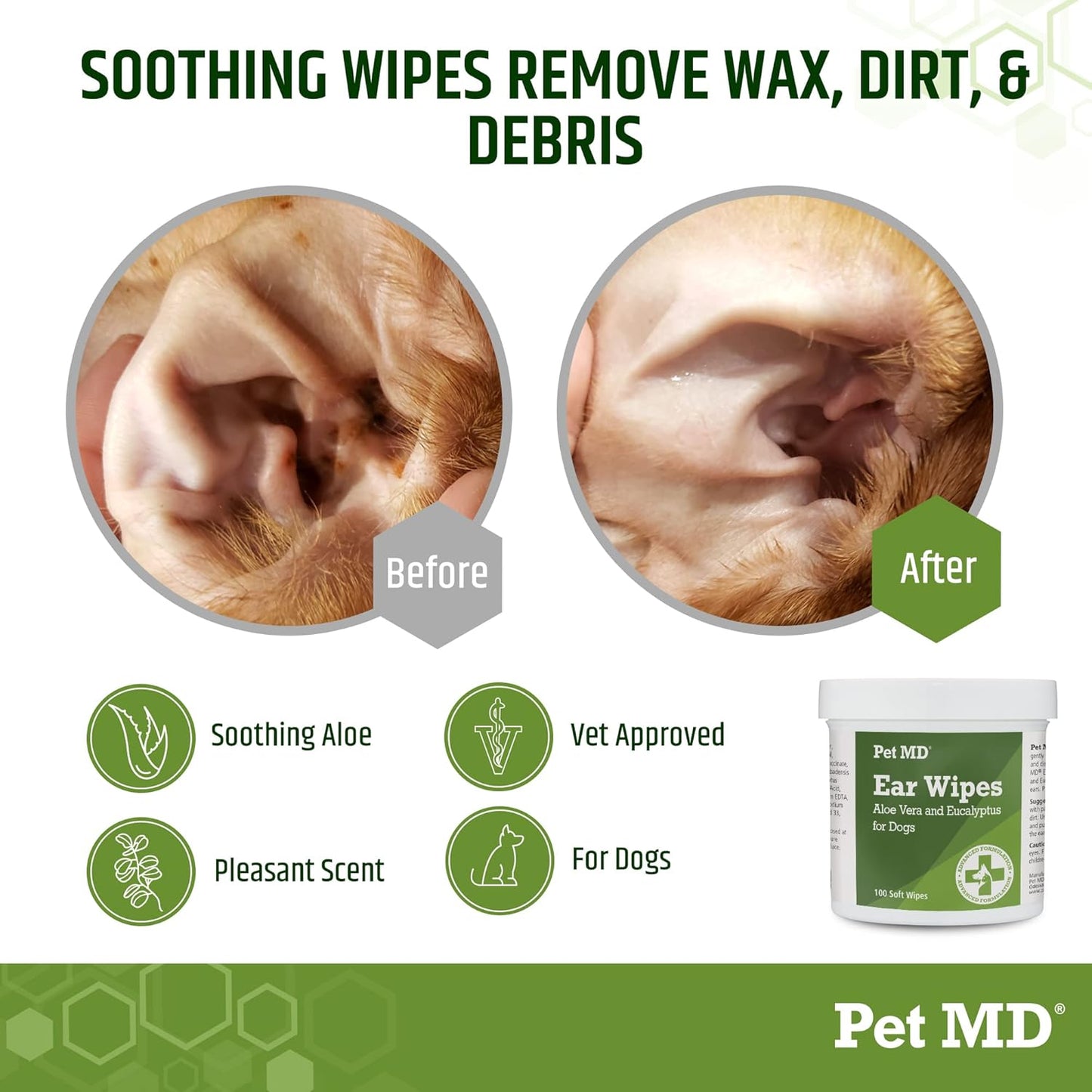 Pet MD - Dog Ear Cleaner Wipes - Otic Cleanser for Dogs to Stop Itching, Yeast and Mites with Aloe and Eucalyptus - 100 Count