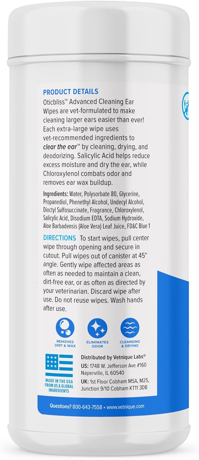 Vetnique Oticbliss Advanced Cleaning Ear Wipes for Dogs for Odor Control (Ear Cleaning Wipes, Advanced Cleaning Large)
