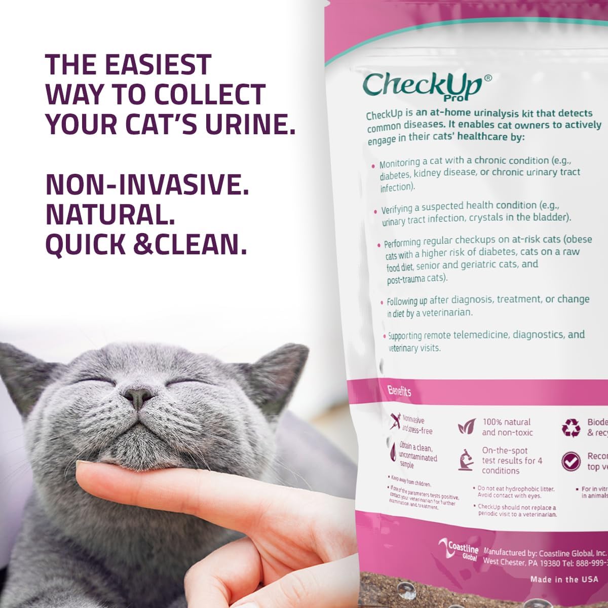 CheckUp Pro at Home Wellness Test for Cats | Hydrophobic Litter for Urine Collection & two 10 Indicators Test Strips for pH, Protein Urobilinogen, Glucose, Bilirubin, Ketone, S-Gravity, Blood in urine
