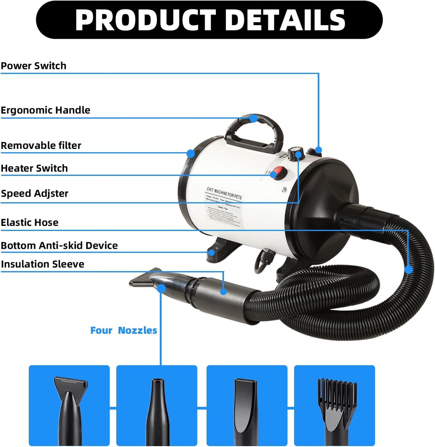 Dog Hair Dryer 2800 W Dog Blower Dog Hair Dryer Very Quiet Professional Dog Hair Dryer