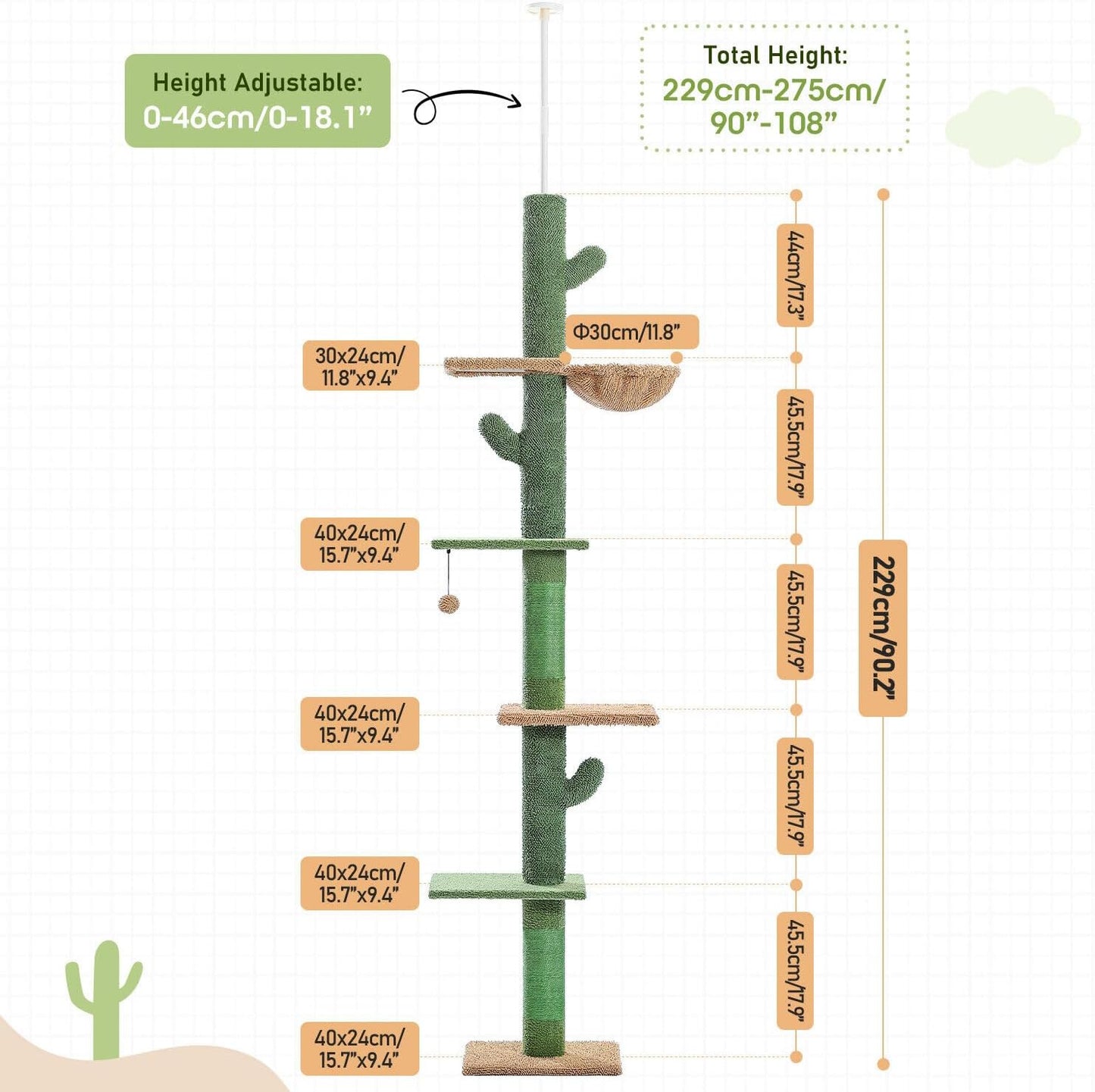 PAWZ Road Cactus Cat Tree Four Tier Floor-to-Ceiling Cat Climbing Tower with Cozy Hammock, Cat Activity Center 9 Feet Green