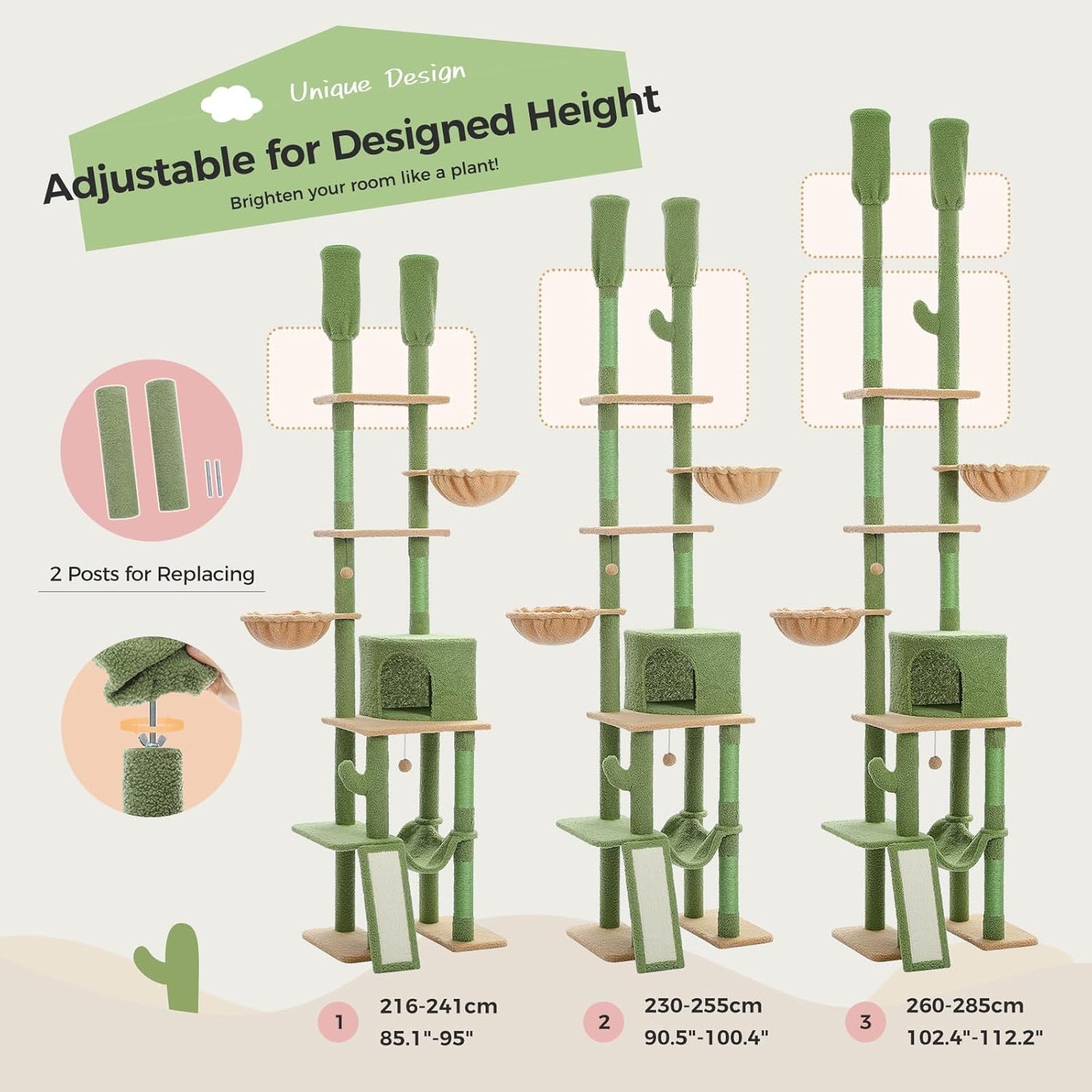 PAWZ Road Cactus Cat Tree Floor to Ceiling Tower with Adjustable Height(216-285cm), 7 Tiers Climbing Activity Center Cozy Hammocks, 5 Platforms and Scratching Posts for Indoor Cats, Green