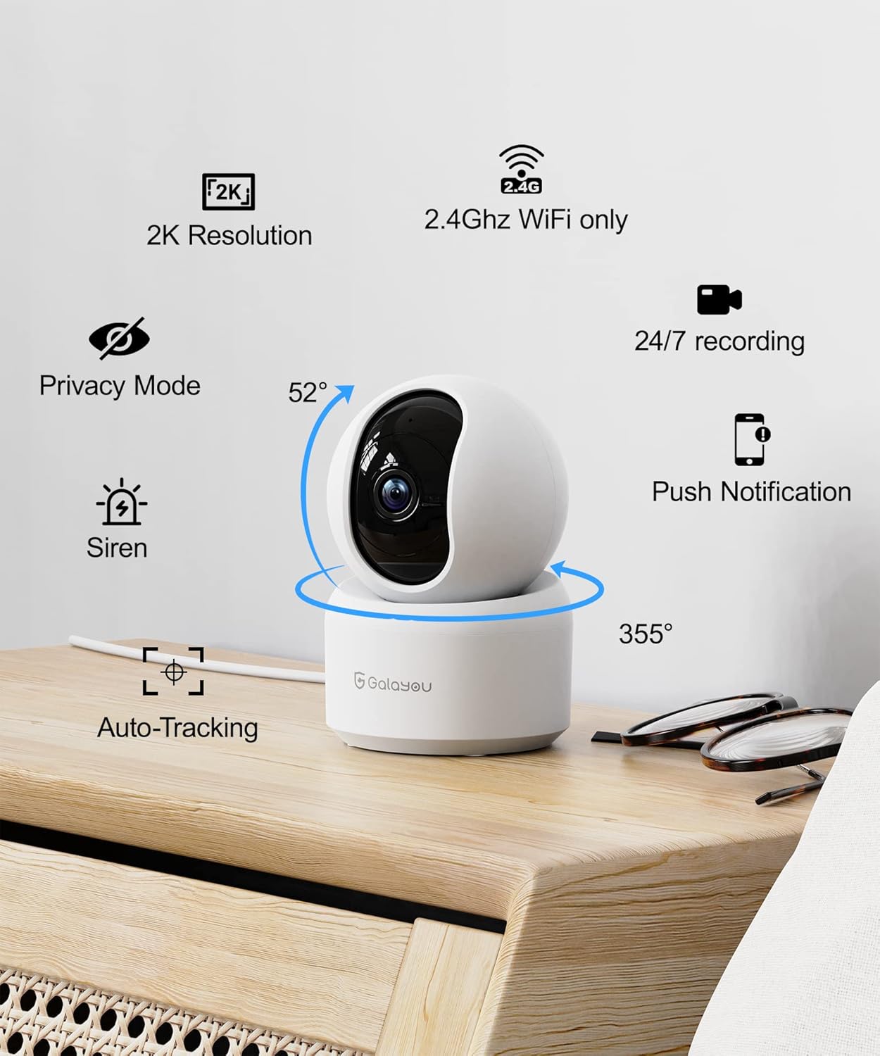 GALAYOU Indoor Security Camera 2K, 360 Degree 2.4G WiFi Home Security for Baby/Pet