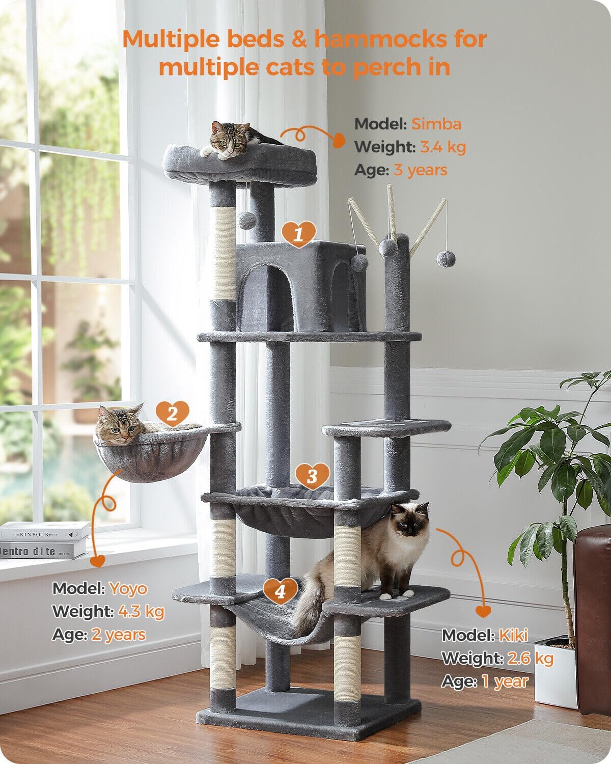 PAWZ Road Multi-Level Cat Tree 175cm With Super Large Hammock (50 * 40cm), Tall Cat Tower for Large Cats With Scratching Posts, Cat Condo and Top Perch Dark Grey