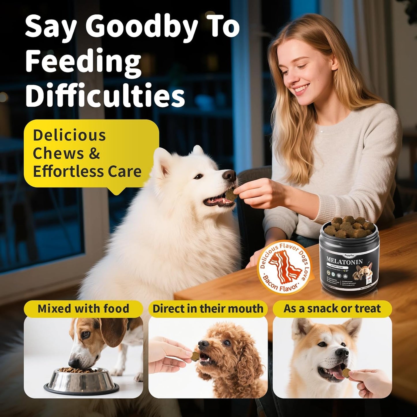 Melatonin for Dogs, Calming Chews with Valerian Root Chicken Flavor, 90Ct