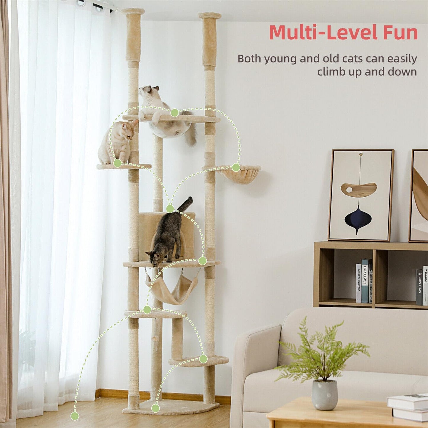 PAWZ Road Large Cat Tree Floor to Ceiling Cat Tower with a Cozy Condo, 6-Tier Cat Climbing Activity Center with Perch and Hammock for Adult Cats Beige