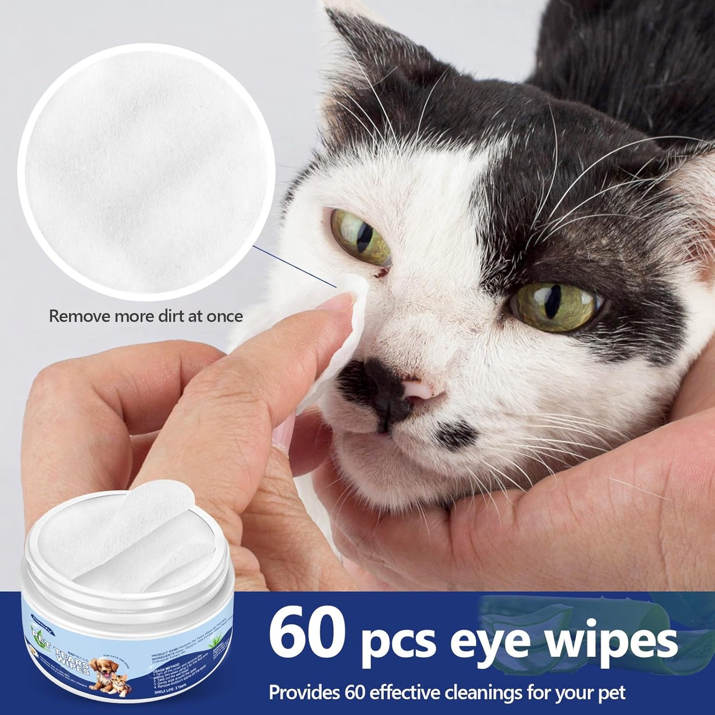 Pet Gentle Teeth Wipes, 60 Pcs Universal Cat & Dog Grooming Wipes, Natural and Safe for Removing Dirt Crust and Discharge, Hypoallergenic for Teeth, Ear, Nose
