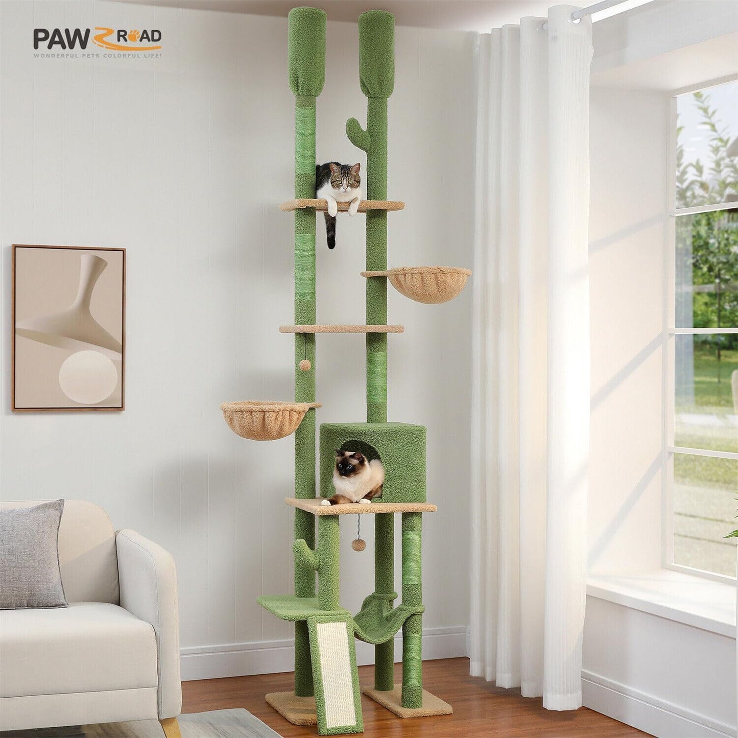 PAWZ Road Cactus Cat Tree Floor to Ceiling Tower with Adjustable Height(216-285cm), 7 Tiers Climbing Activity Center Cozy Hammocks, 5 Platforms and Scratching Posts for Indoor Cats, Green