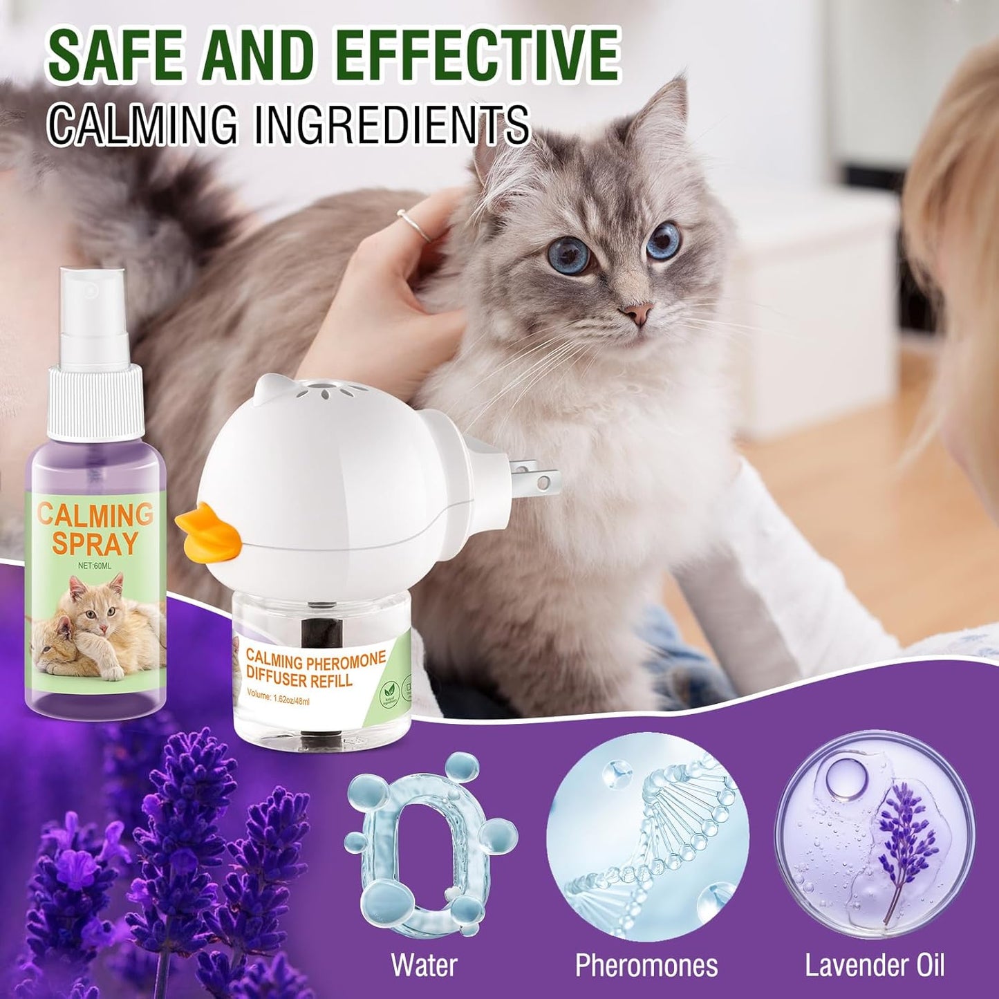 Cat Calming Pheromone Diffuser and Spray,Relieve Anxiety Stress Reduce Fighting and Scratching,Fits All Cats