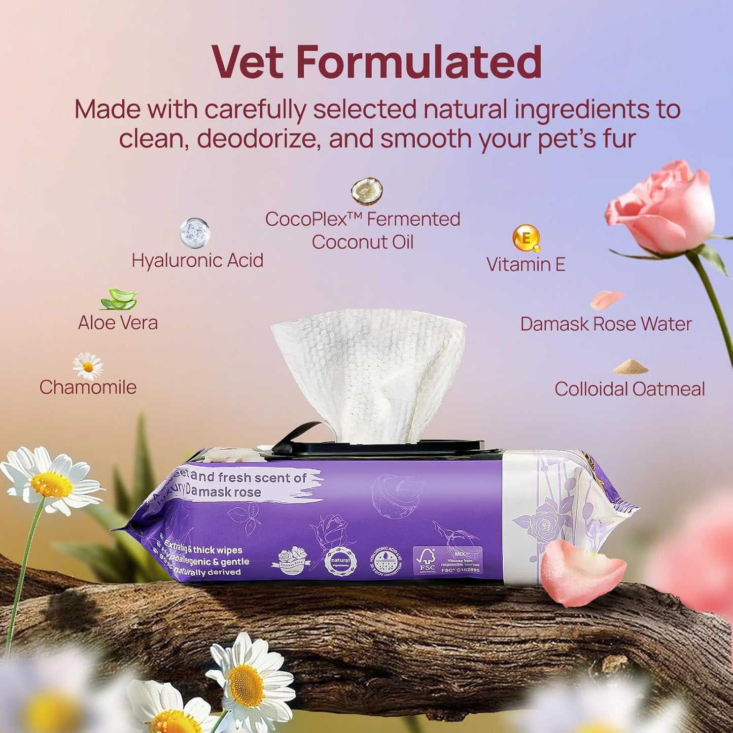 HICC PET Cleaning Deodorizing Wipes for Dogs & Cats, Vet Recommended Nourishes Smoothes Fur Pet Grooming Wipes with Fermented Coconut Oil (100 Counts (Thicken), Rose)