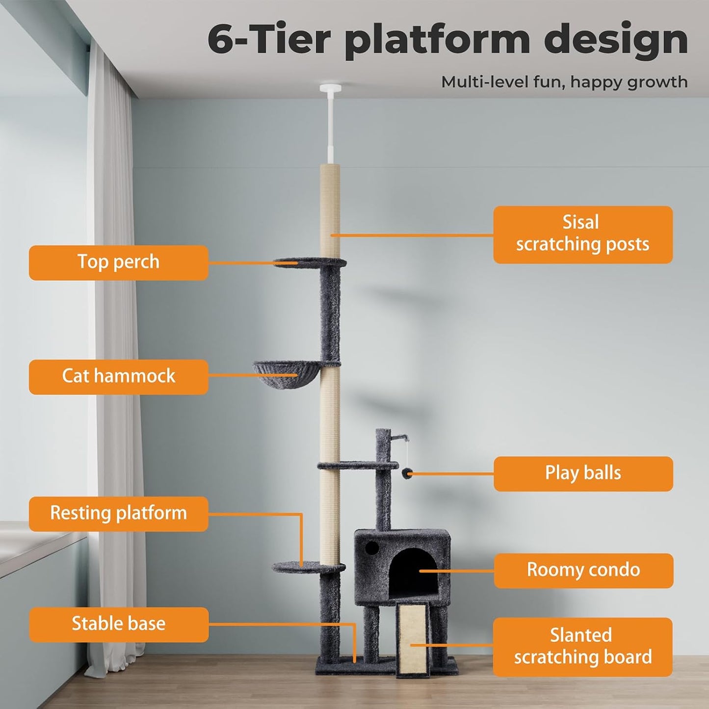 Pawz Large Cat Tree Tower Condo for Indoor Cats, Scratching Post, Soft Plush Multi-Level Climbing Tree, Activity Center, Cat Condo and Big Hammock, House, Dangling Ball, Adjustable Height 230CM-275CM